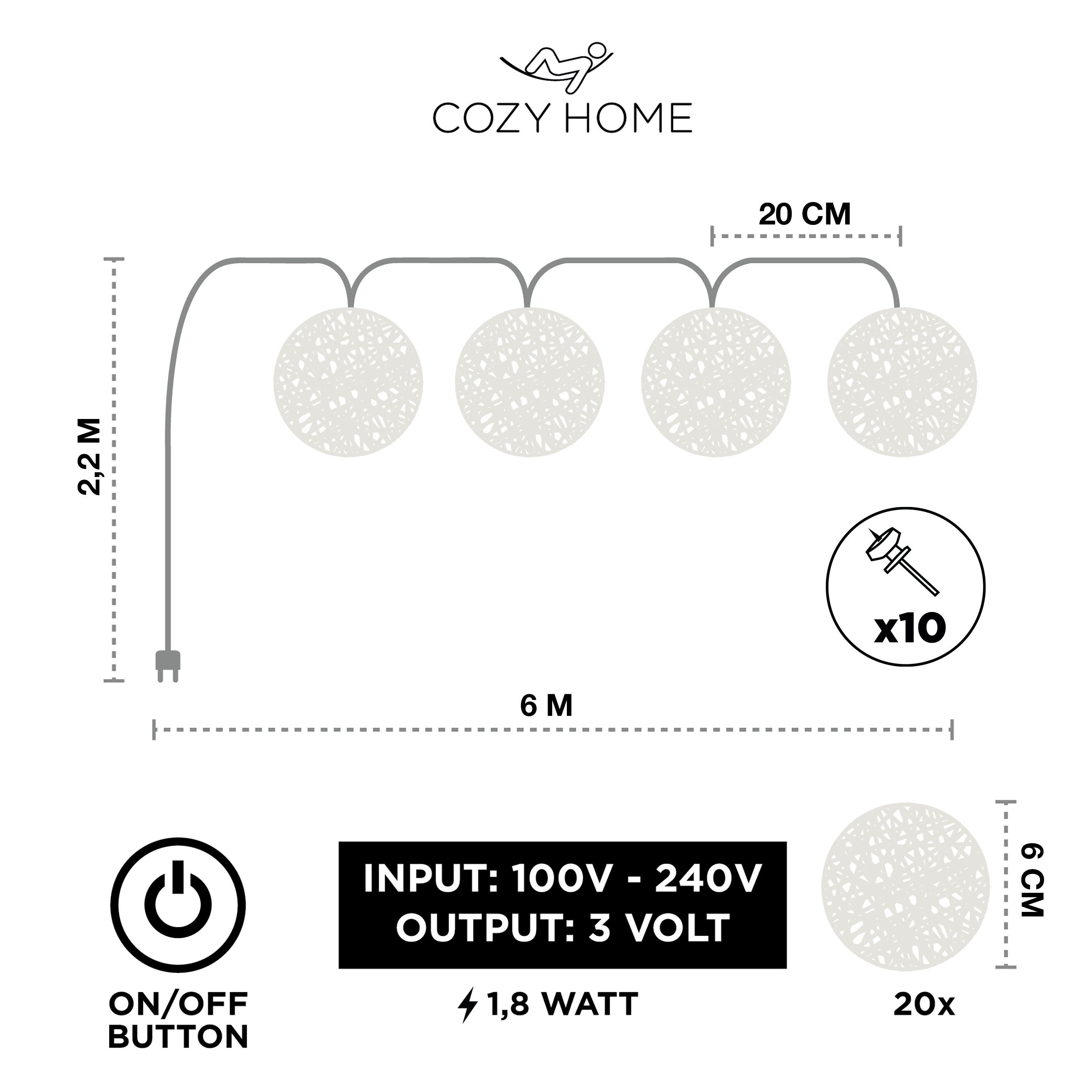 COZY HOME LED-Lichterkette Cotton Balls - Strombetrieben, 20 LED I 6m I Warmweiße LED-Cotton Ball I Hausbett Bunt Deko – Bild 4 von 5