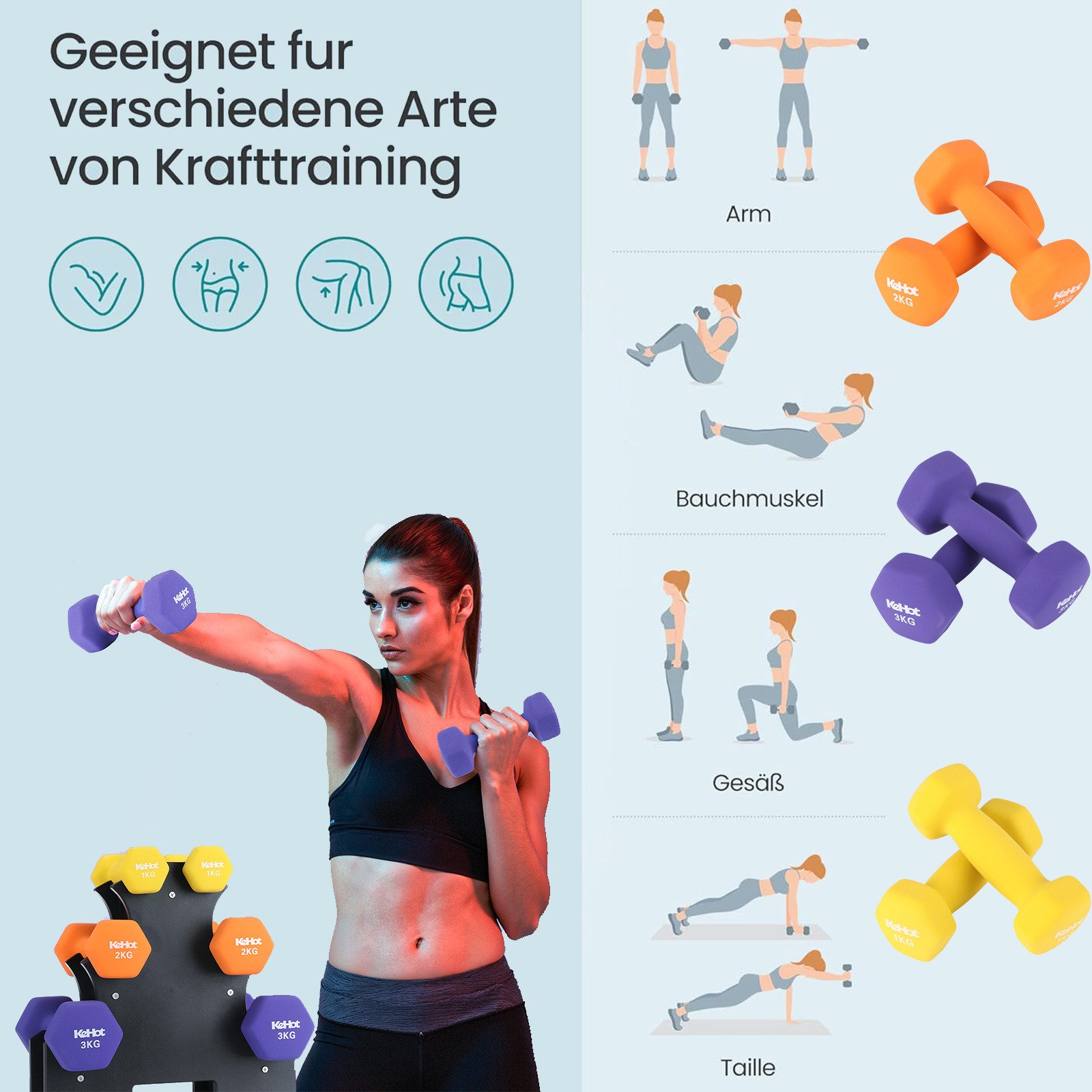 WILGOON Laufband Laufband und Hantelset 6-teilig, Walking Pad mit 2,5 PS & 12 Programme (Elektrisches Laufband mit Bluetooth, Fernbedienung & LED-Display, 2-tlg., Kurzhantel Set mit 1/2/3 kg Gewichten & Ständer – Rutschfest & Robust), Perfekt für Heimtraining, Büro,Fitnessstudio - Leise, Kompakt & Stabil