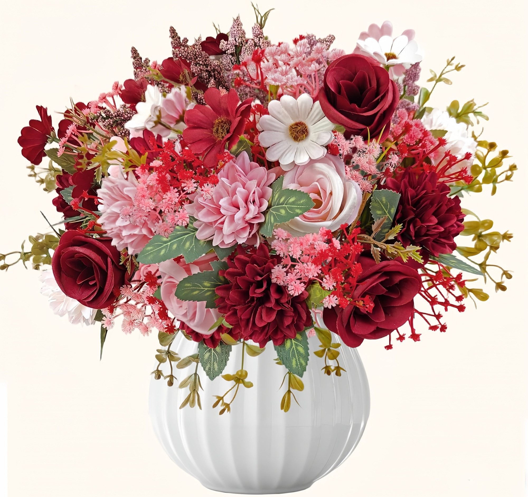 Kunstblumenstrauß 22 künstliche Rosen, Pfingstrosen & Schleierkraut – Deko-Blumenstrauß, FOUORTUNATE-BEE, Künstlicher Blumenstrauß für Hochzeit, Wohnzimmer, Tisch & Zimmer