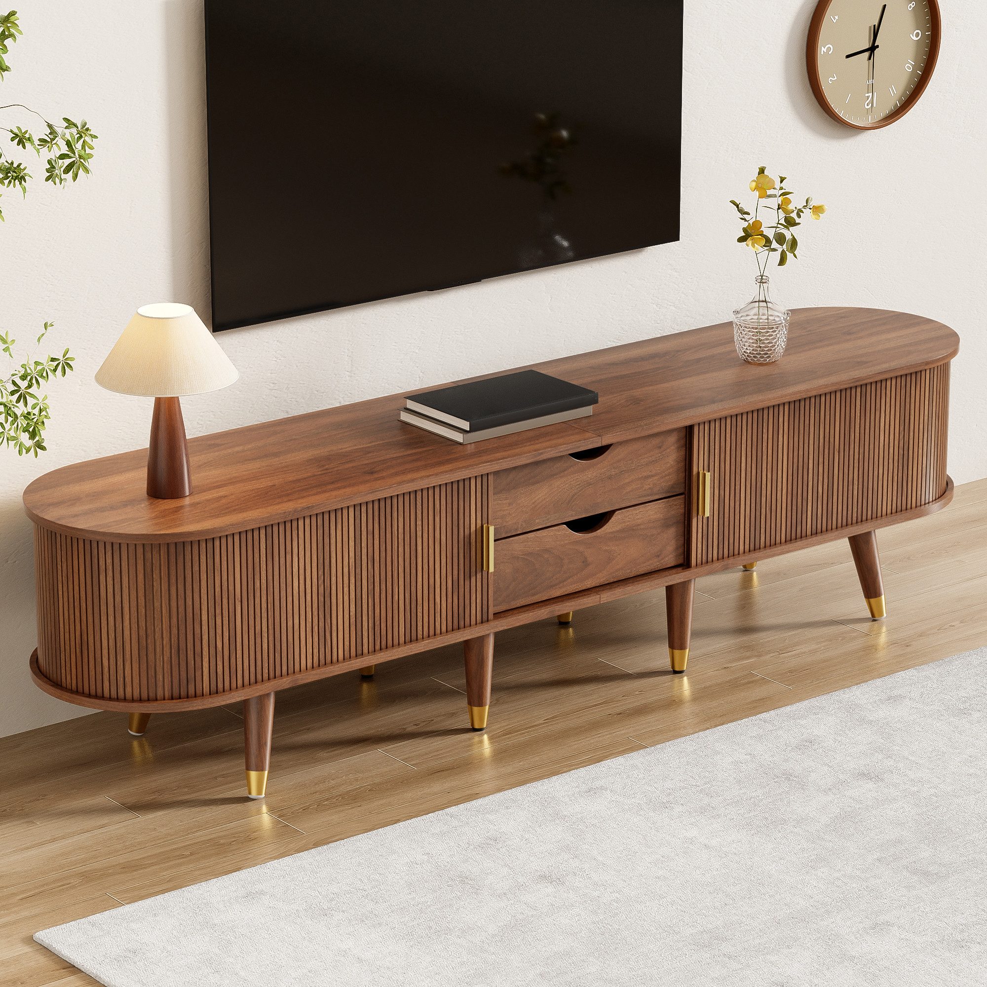 Celya TV-Schrank TV-Möbel, TV-Ständer, niedrigerer Fernsehschrank mit Schiebetüren (mit offenen Fächern, Schubladen und Schrank, natürliches Design) Geeignet für Wohnzimmer