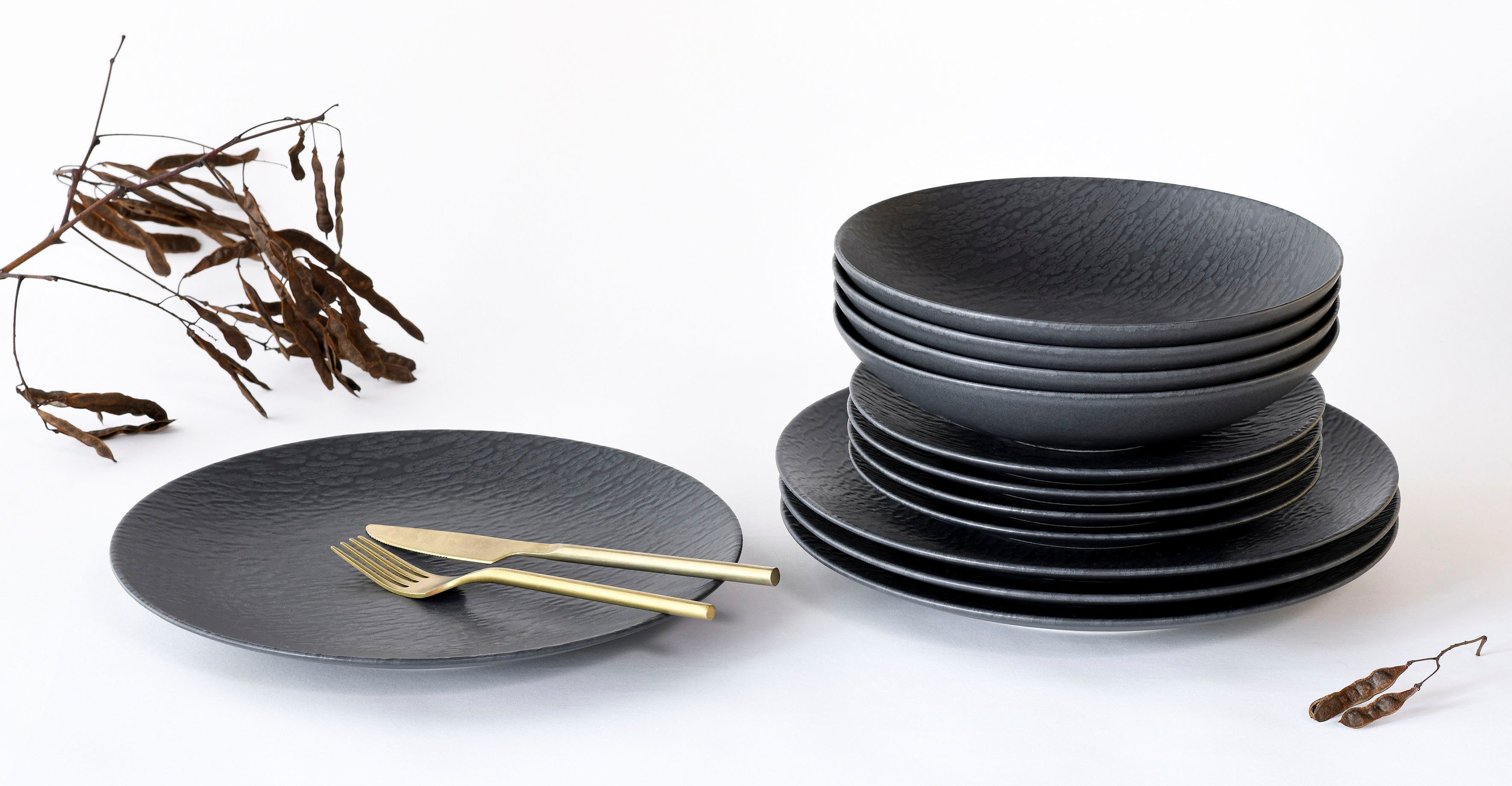 CreaTable Teller-Set Schiefer Black (12-tlg), 4 Personen, Steinzeug, Teller Set, robuste, kratzfeste, seidenmatte Glasur