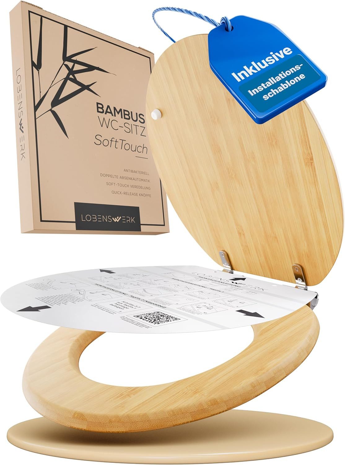 Lobenswerk WC-Sitz Toilettendeckel mit Absenkautomatik, Klodeckel, Klobrille, SoftClose, antibakteriell, UV-beständig, inkl. Installationsschablone