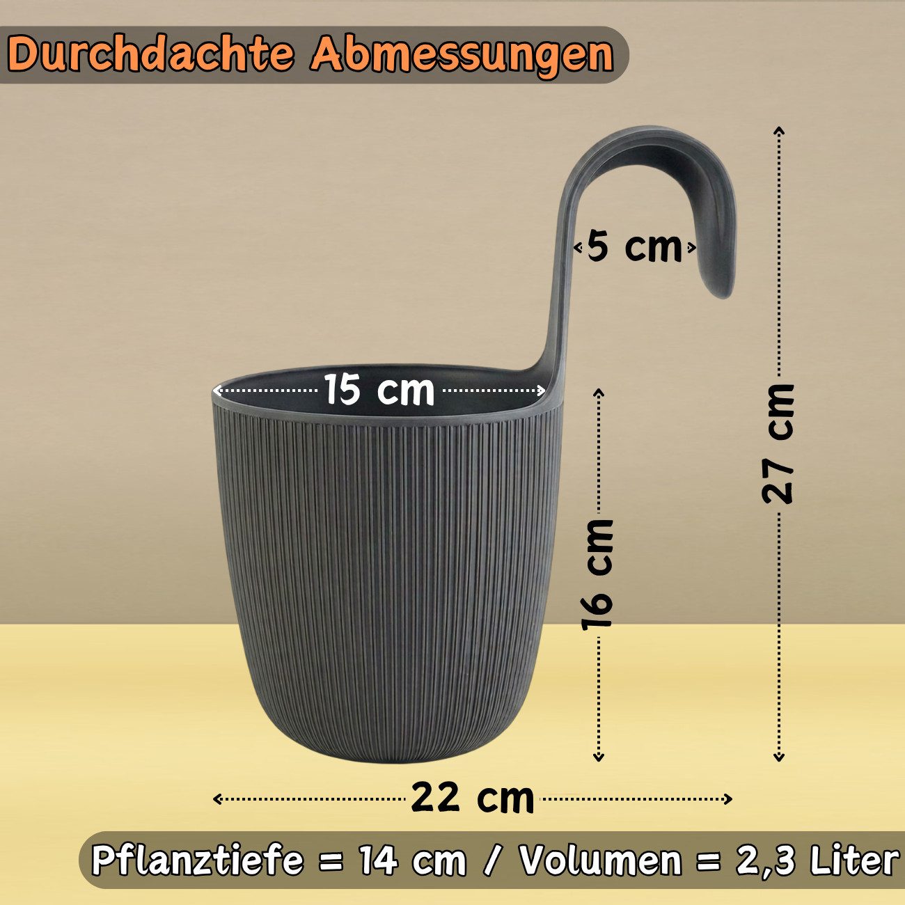 Engelland Blumentopf Blumentopf zum Hängen (Vorteils-Set, 1 St., Fassungsvermögen 2,3 Liter), UV-Beständig, Frostbeständig, Drainagesystem, ideal für Geländer/Zäune