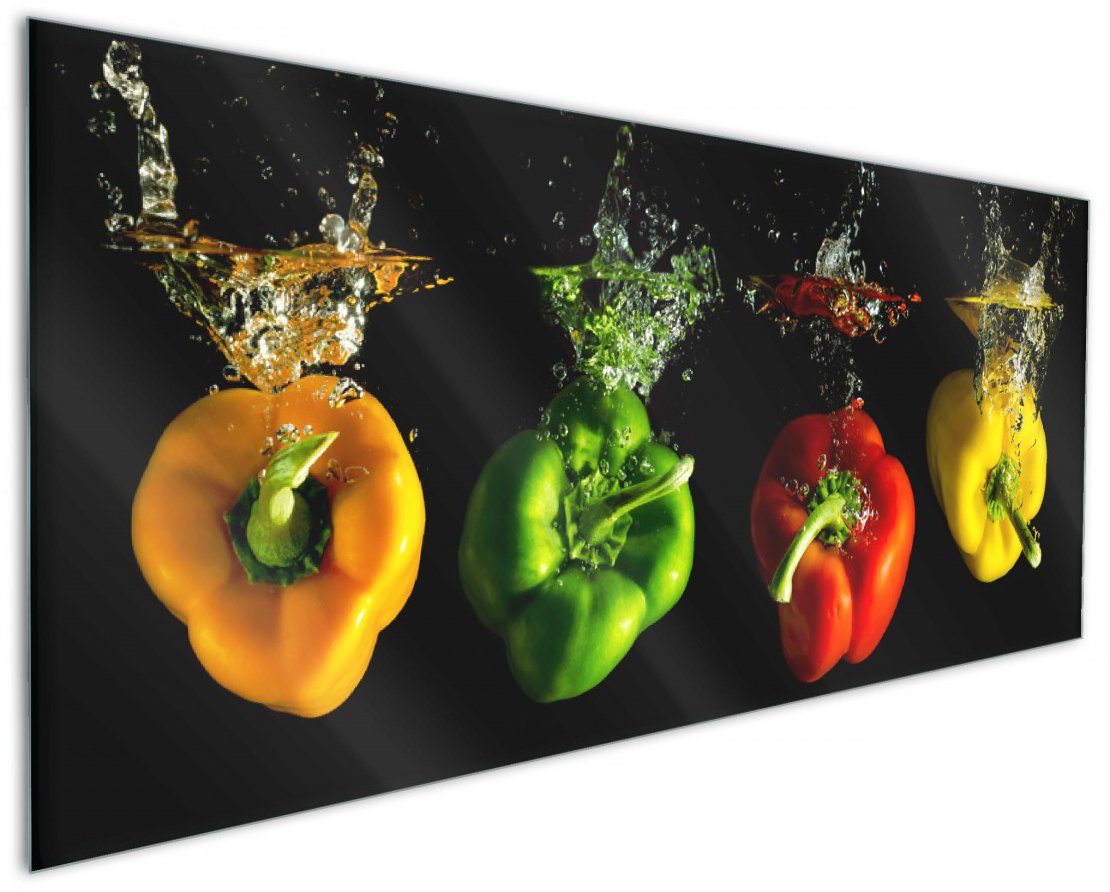 Wallario Küchenrückwand Bunte Küche Paprika in rot gelb orange und grün im Wasser, (1-tlg)