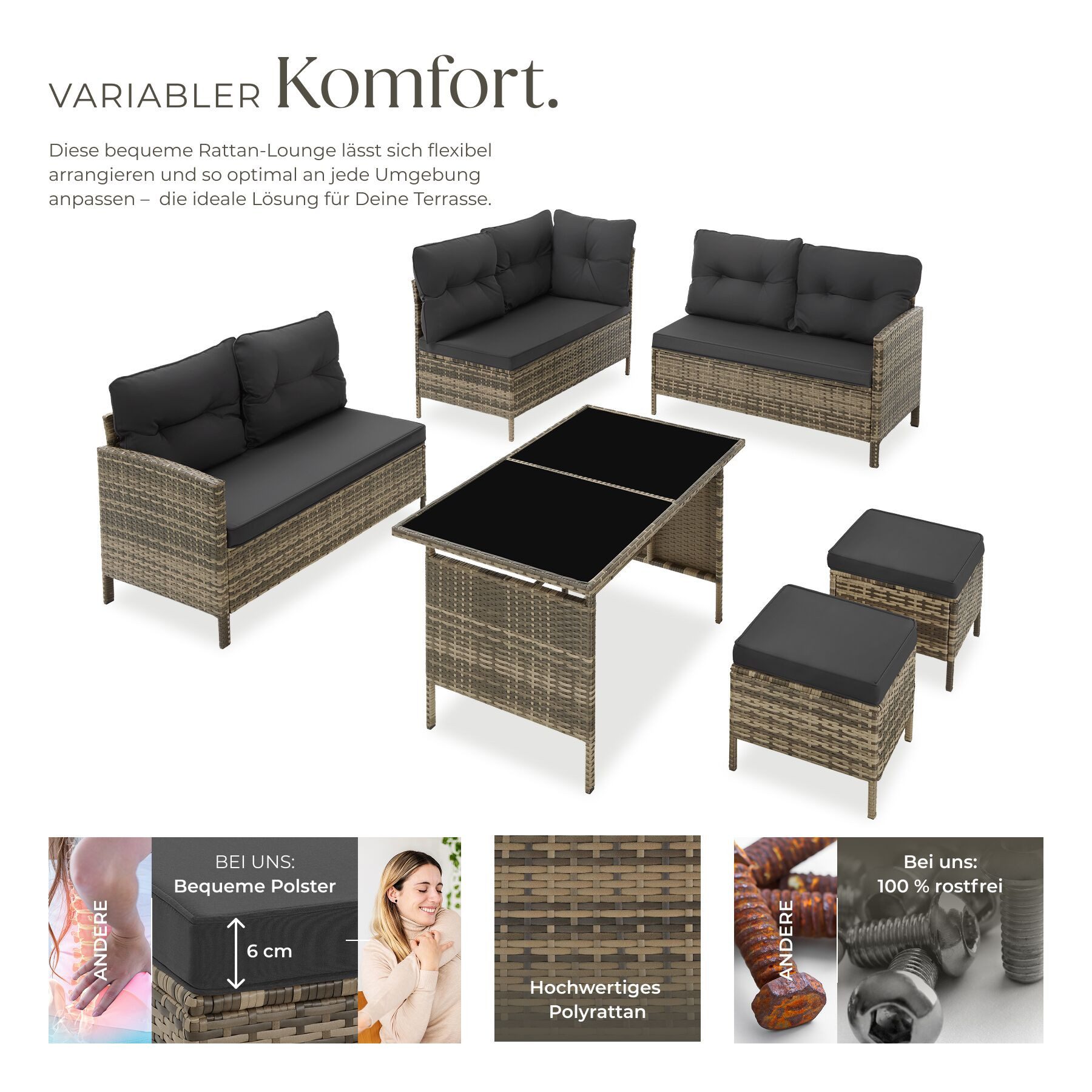 tectake Loungeset Rattan Sitzgruppe mit Sicherheitsglasplatten, für 6 bis 8 Personen, (Gartenlounge-set Barletta, 6-tlg., geeignet für Outdoor in Natur), widerstandsfähig und UV-beständig, dicke Rückenkissen