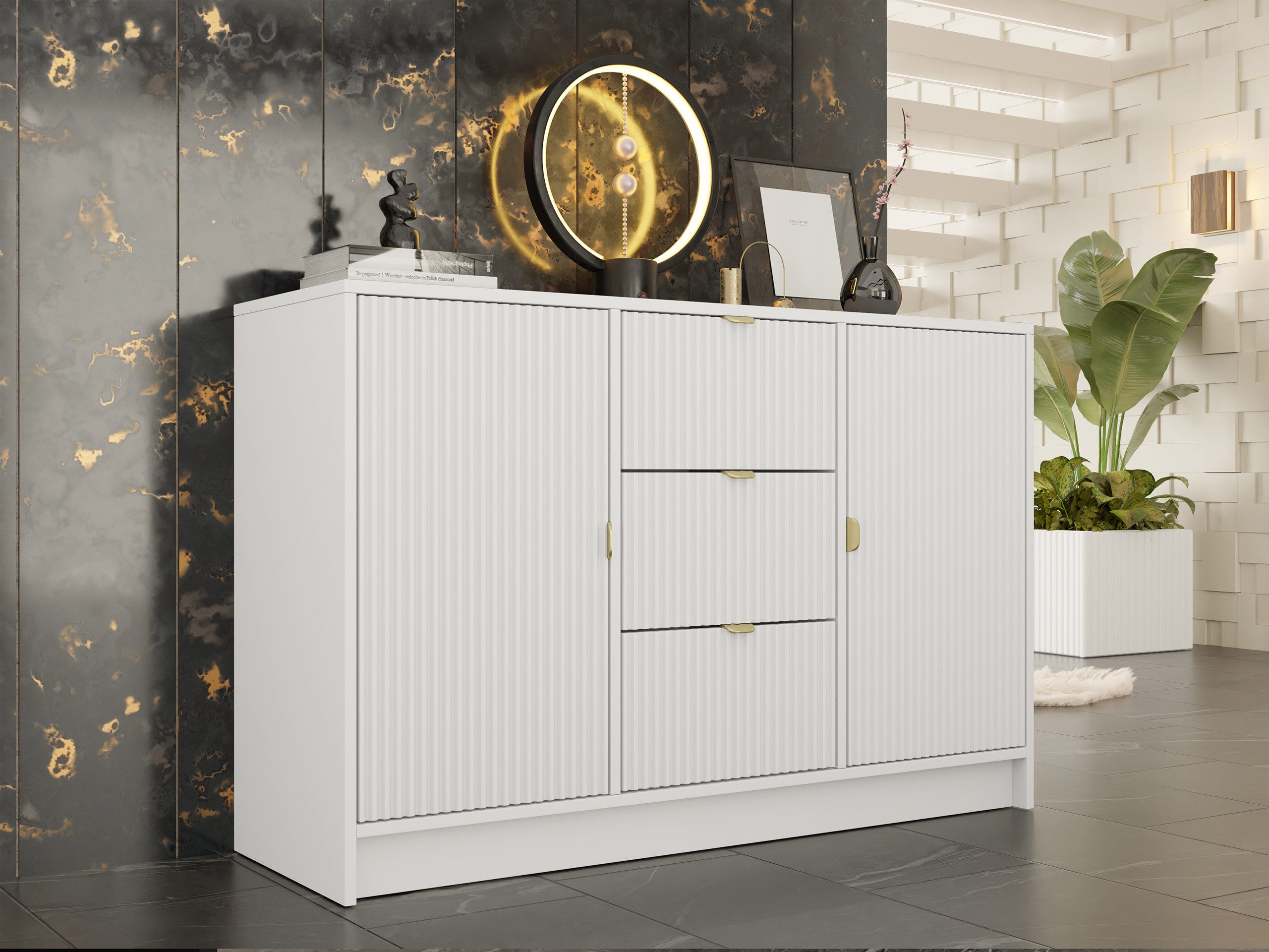 MIRJAN24 Kommode Tireno 2D3SZ (mit zwei Drehtüren und drei Schubladen), Aluminiumgriff in der Farbe Gold