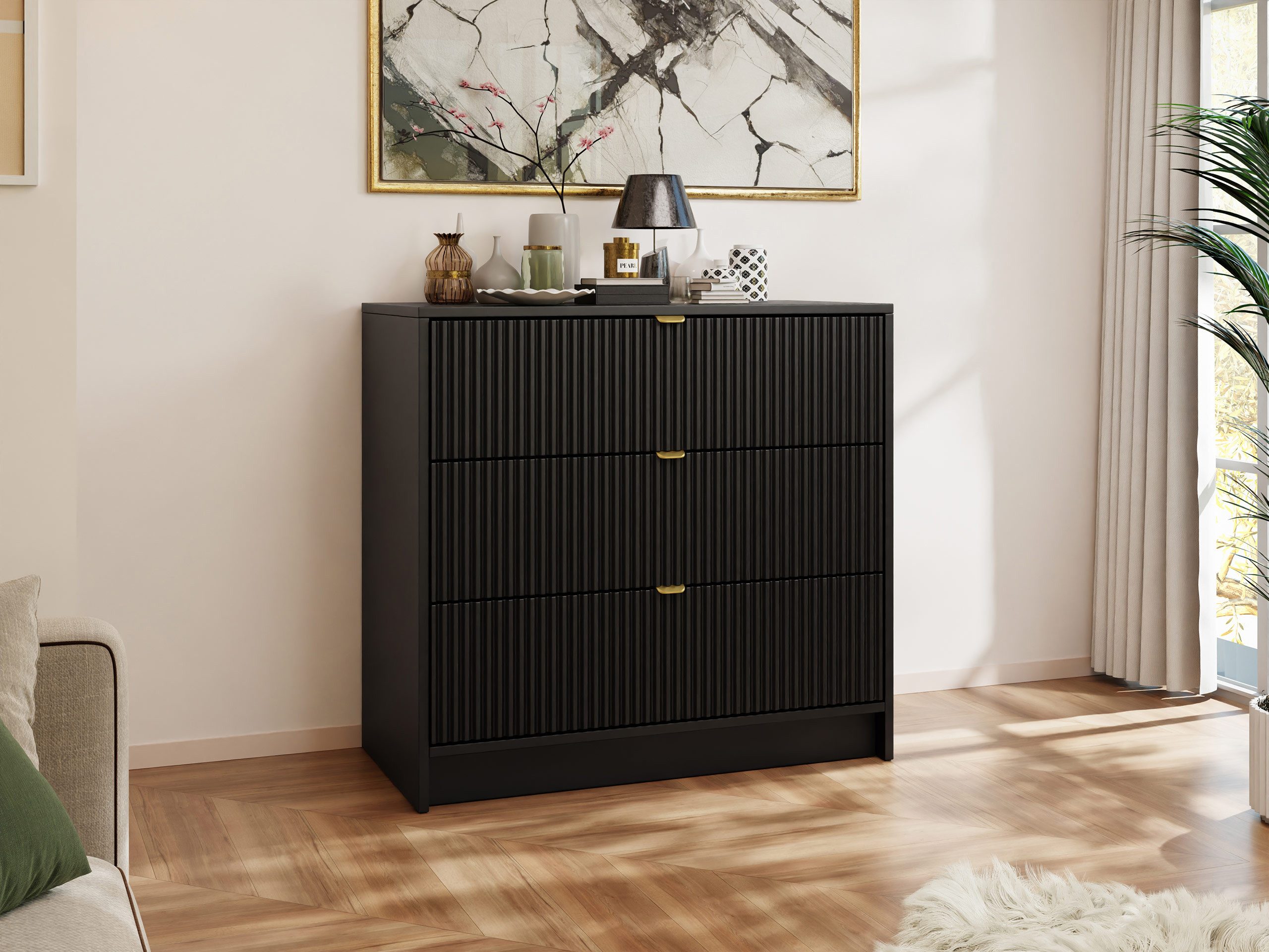 MIRJAN24 Kommode Tireno 3SZ (mit drei Schubladen), Aluminiumgriff in der Farbe Gold