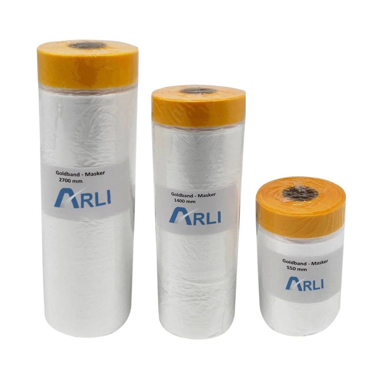 ARLI Abdeckfolie Goldband Masker 3er Set 550 mm 1400 mm 2700 mm, (3er, 3-St., Set), Abdeckfolie Malerfolie Baufolie Tape