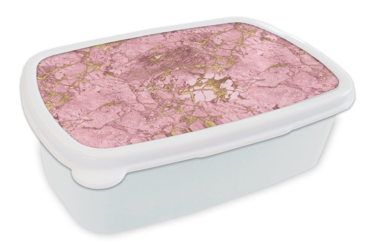 Brotbox für Lunchbox Rosa, - Marmor und Brotdose, weiß Gold (2-tlg), für Kinder Kunststoff, Erwachsene, - und Mädchen Jungs MuchoWow