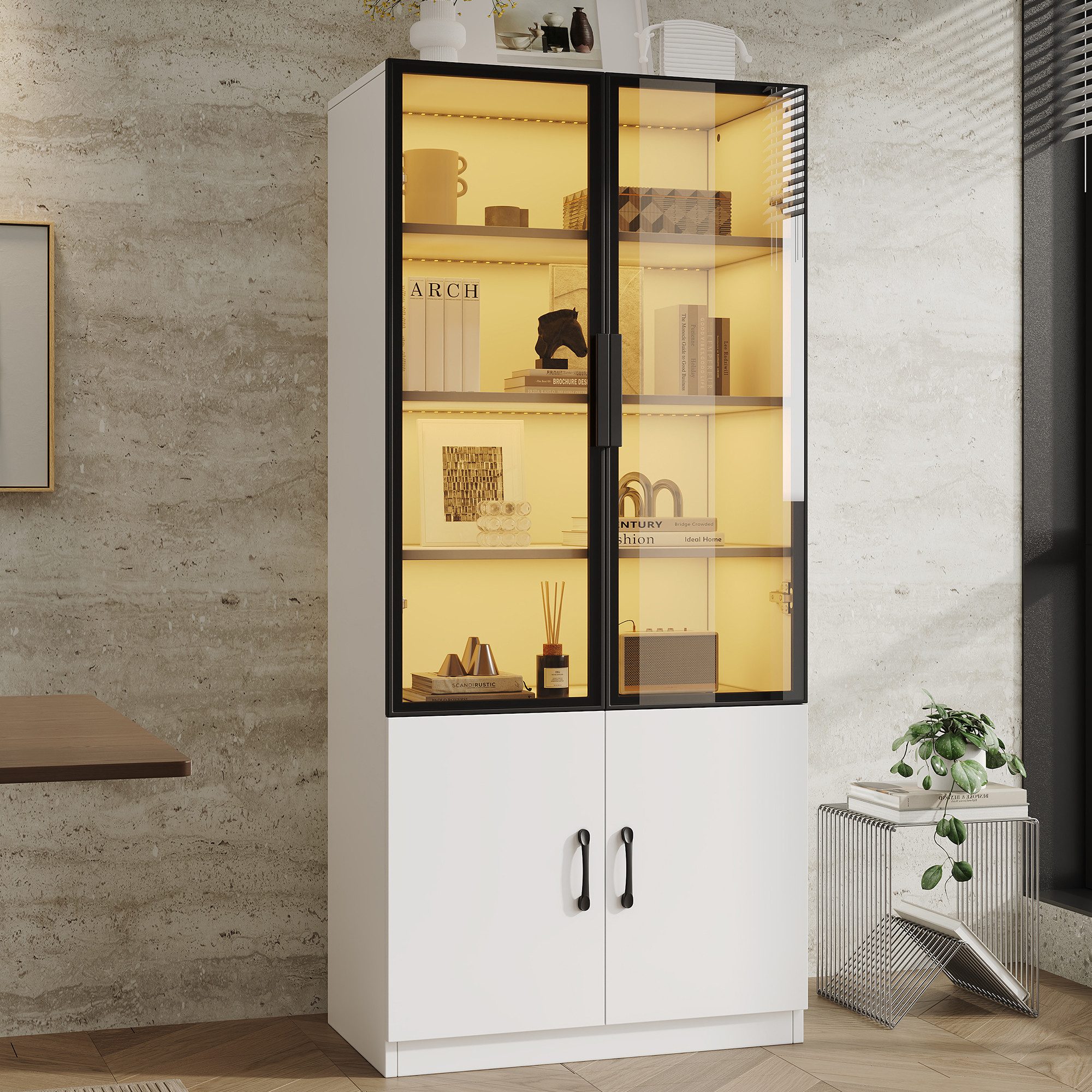 Flieks Glasvitrine multifunktionaler Hochschrank mit LED-Beleuchtung, 2 Glastüren (1-St., 60x40x160 cm) Vitrinenschrank Bücherregal Wohnzimmer Sideboard Weiß