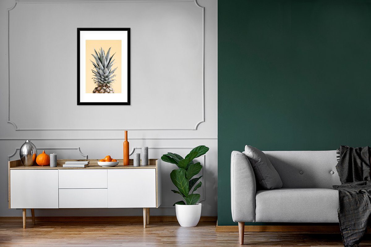 MuchoWow Poster Ananas - Gerahmtes Stilleben Poster, Obst - Kunstdruck, Gelb, - Bilderrahmen St), Schwarzem mit Rahmen, (1