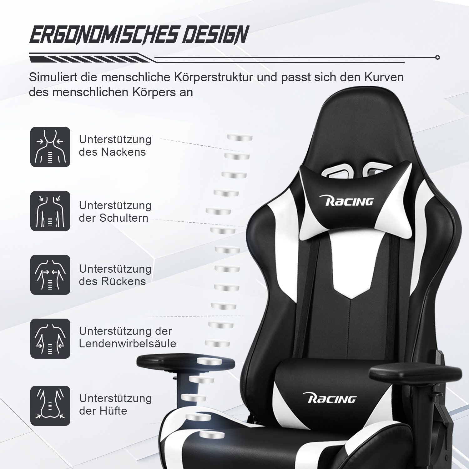 Homimaster Gaming-Stuhl Gaming Stuhl, Ergonomischer Bürostuhl,Gaming Chair mit Wippfunktion (Mit verstellbarem Lendenkissen, Kopfstütze und Armlehnen, gepolster – Bild 2 von 5