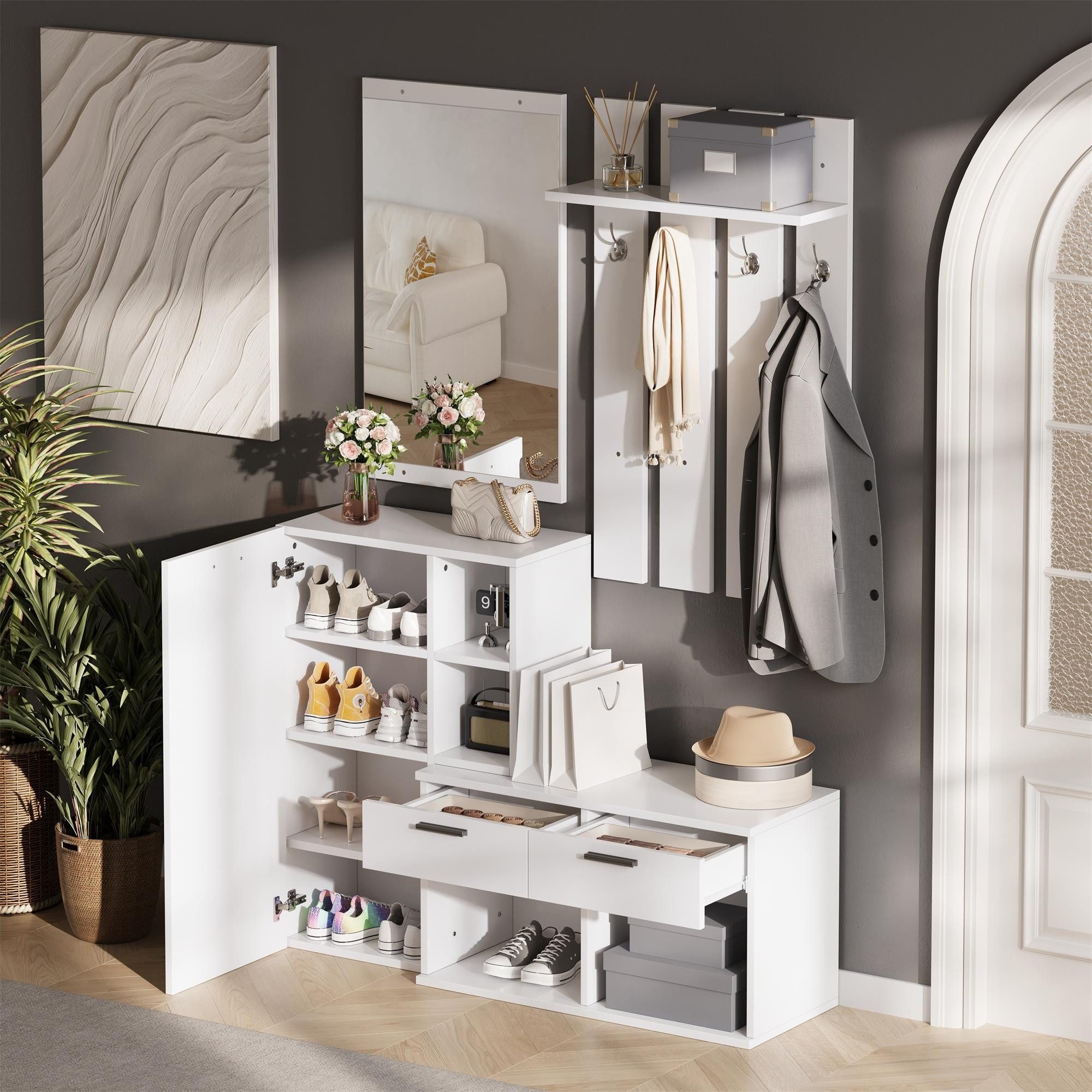Luckice Garderobe Flur, Garderobenständer mit Schuhschrank, Spiegel & Kleiderhaken (2 Schubladen, 120x35x175,5 cm)