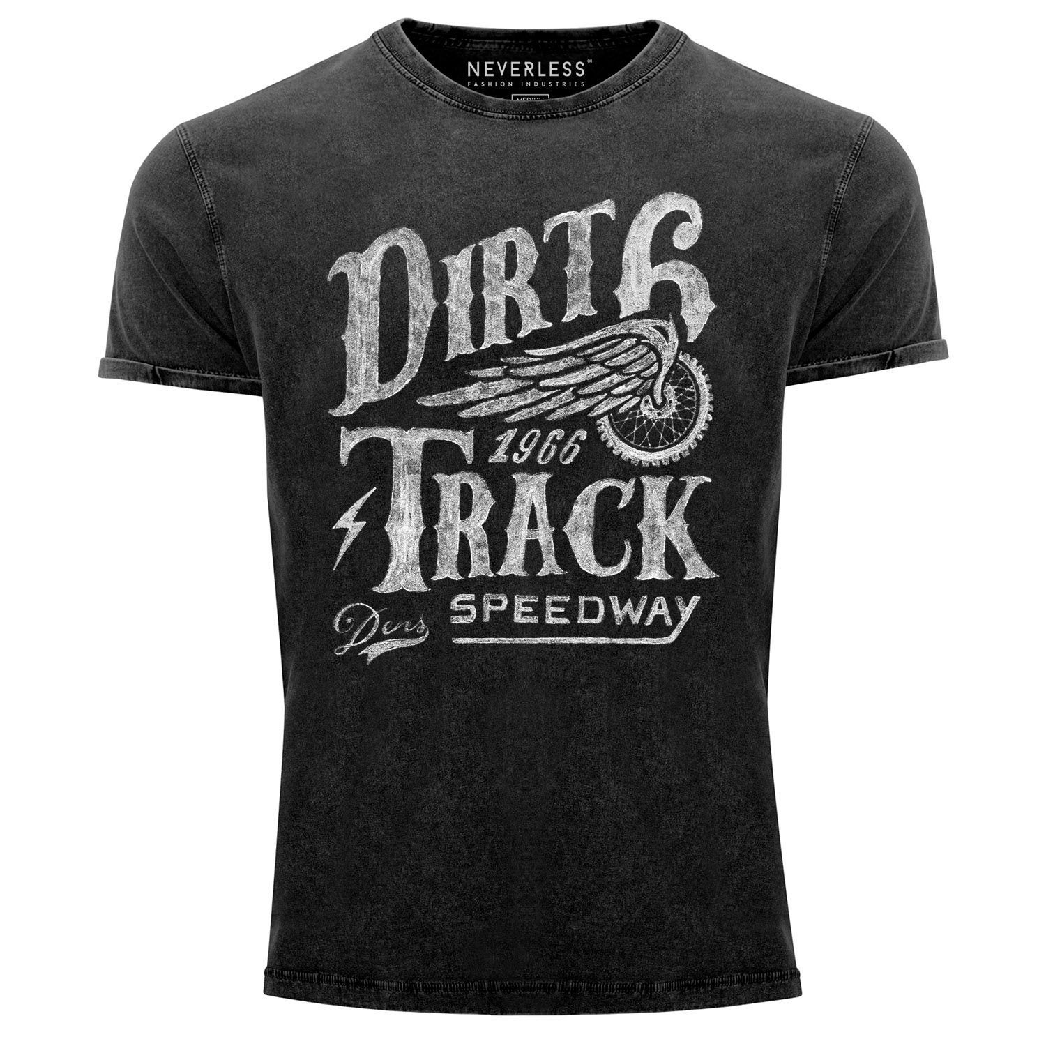 Track Herren Dirt Shirt Look Neverless® Used Racing Angesagtes Slim Fit Cooles Vintage Aufdruck T-Shirt schwarz Neverless mit Print-Shirt Print