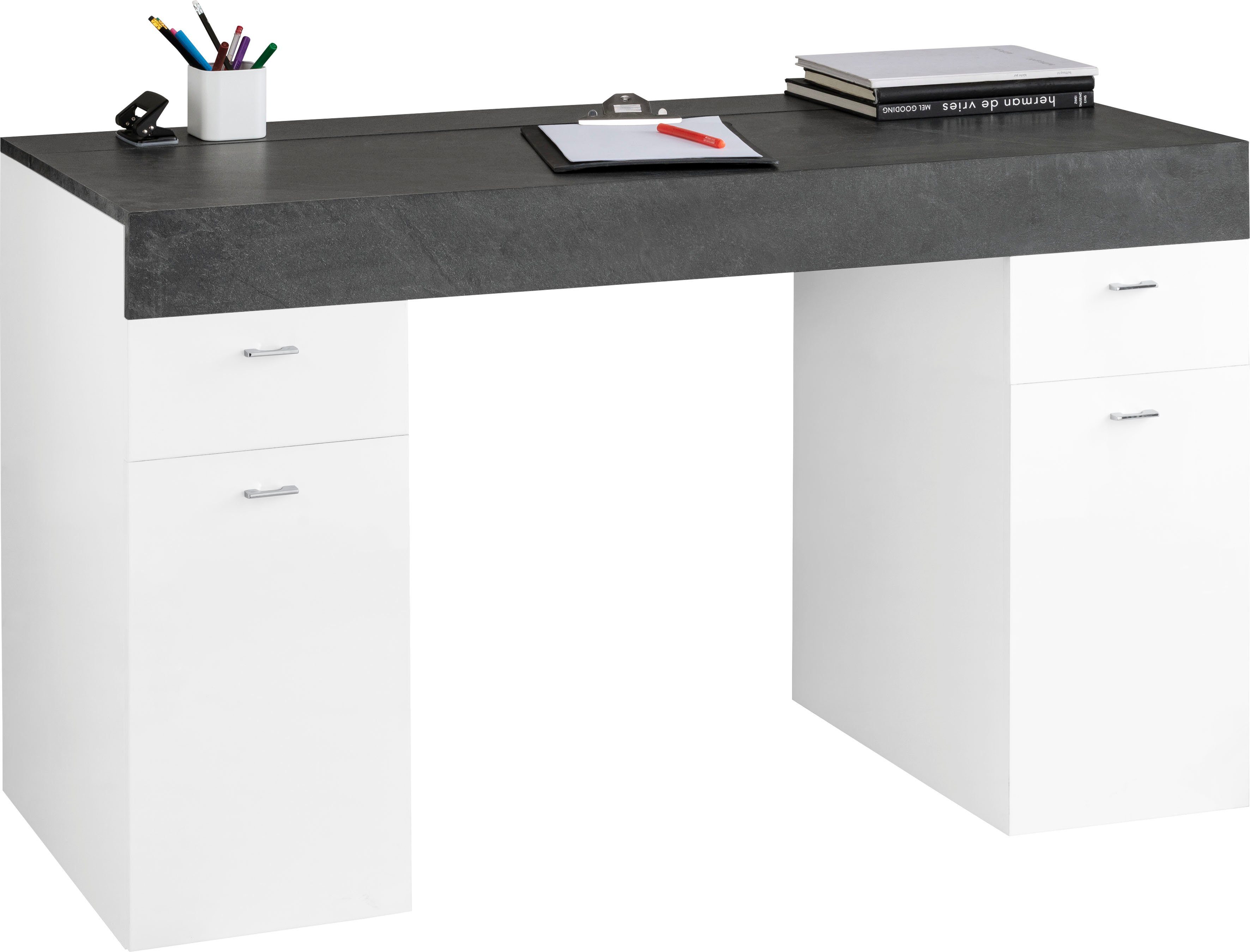 Tecnos Schreibtisch Sliding, | schiefer /schiefer Hochglanz ausziehbar Tischplatte weiß
