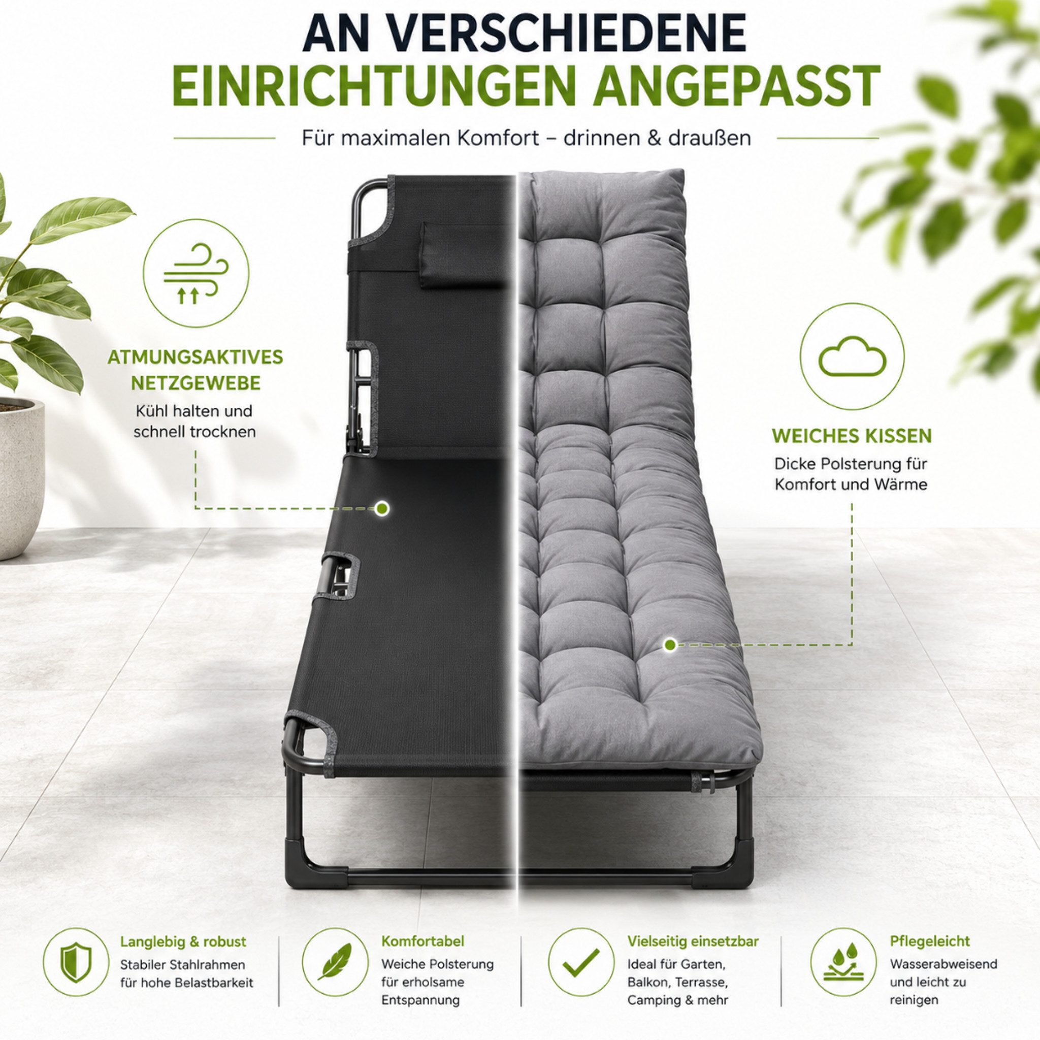 Norvéa Home Gartenliege Klappbett faltbar Gästebett Campingliege verstellbar 150kg, Komplett-Set, Faltbar, verstellbar, gepolstert, stabil, platzsparend