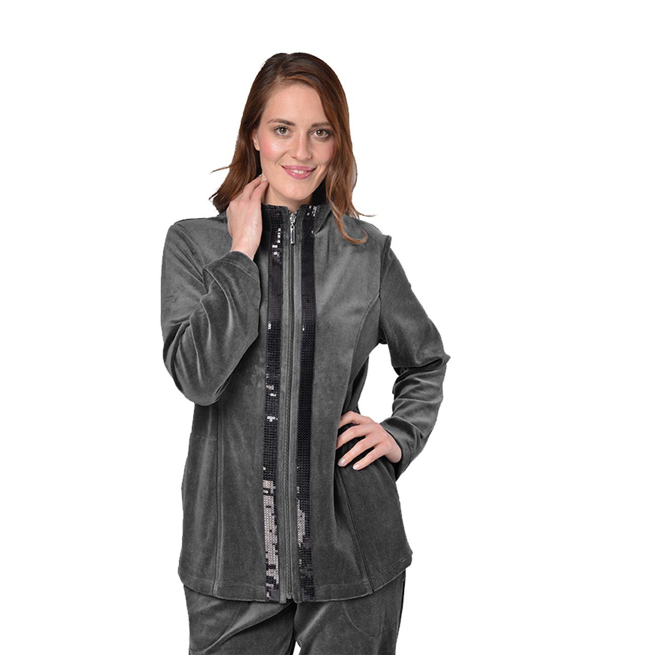 RAIKOU Hausanzug Damen Velours Nicki-Anzug Freizeitanzug Hausanzug (2 tlg) zwei glänzende, schwarze Paillettenreihen