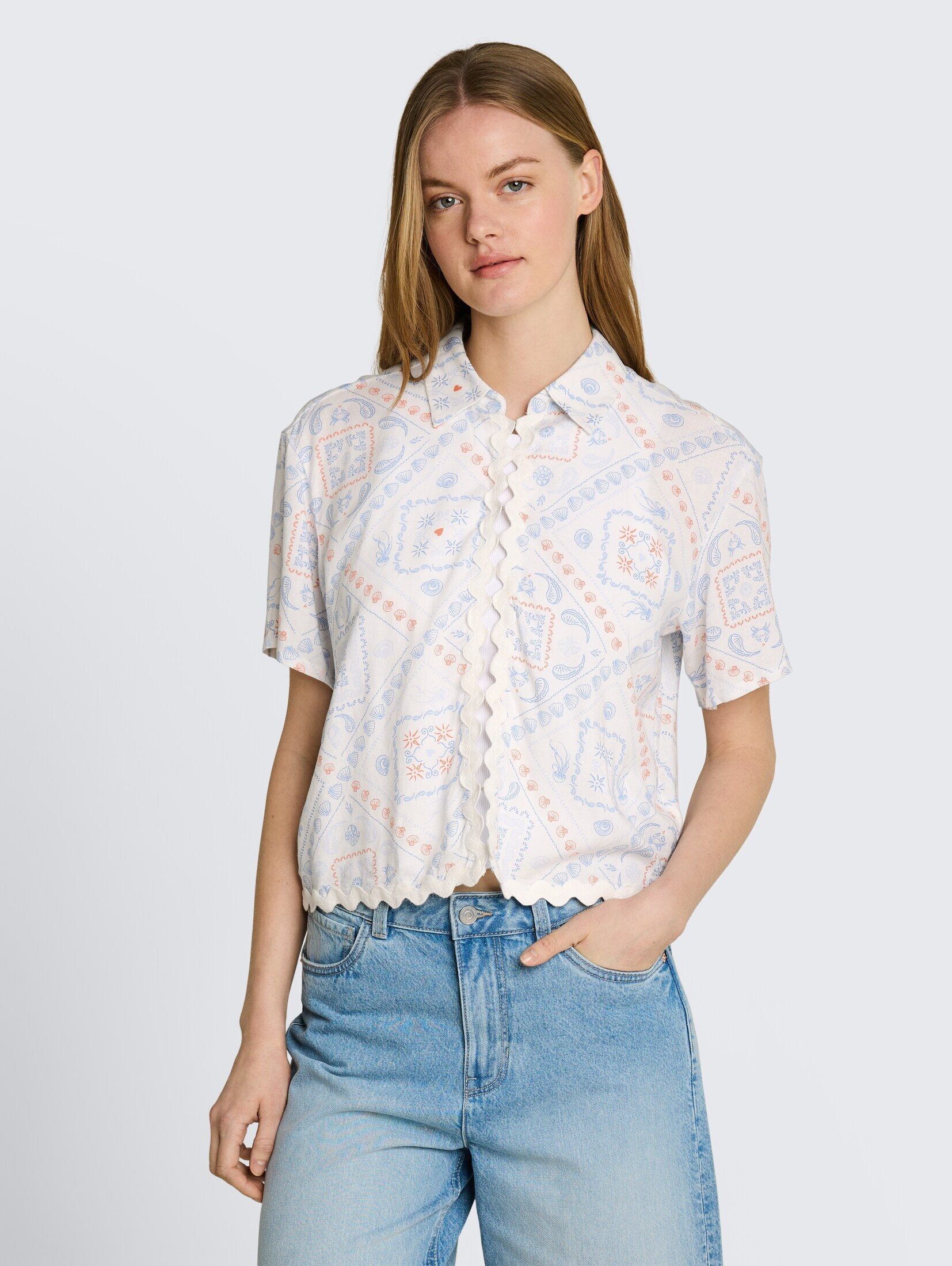 TOM TAILOR Denim Kurzarmbluse Blusen & Shirts Boxy Fit Bluse mit Leinenanteil