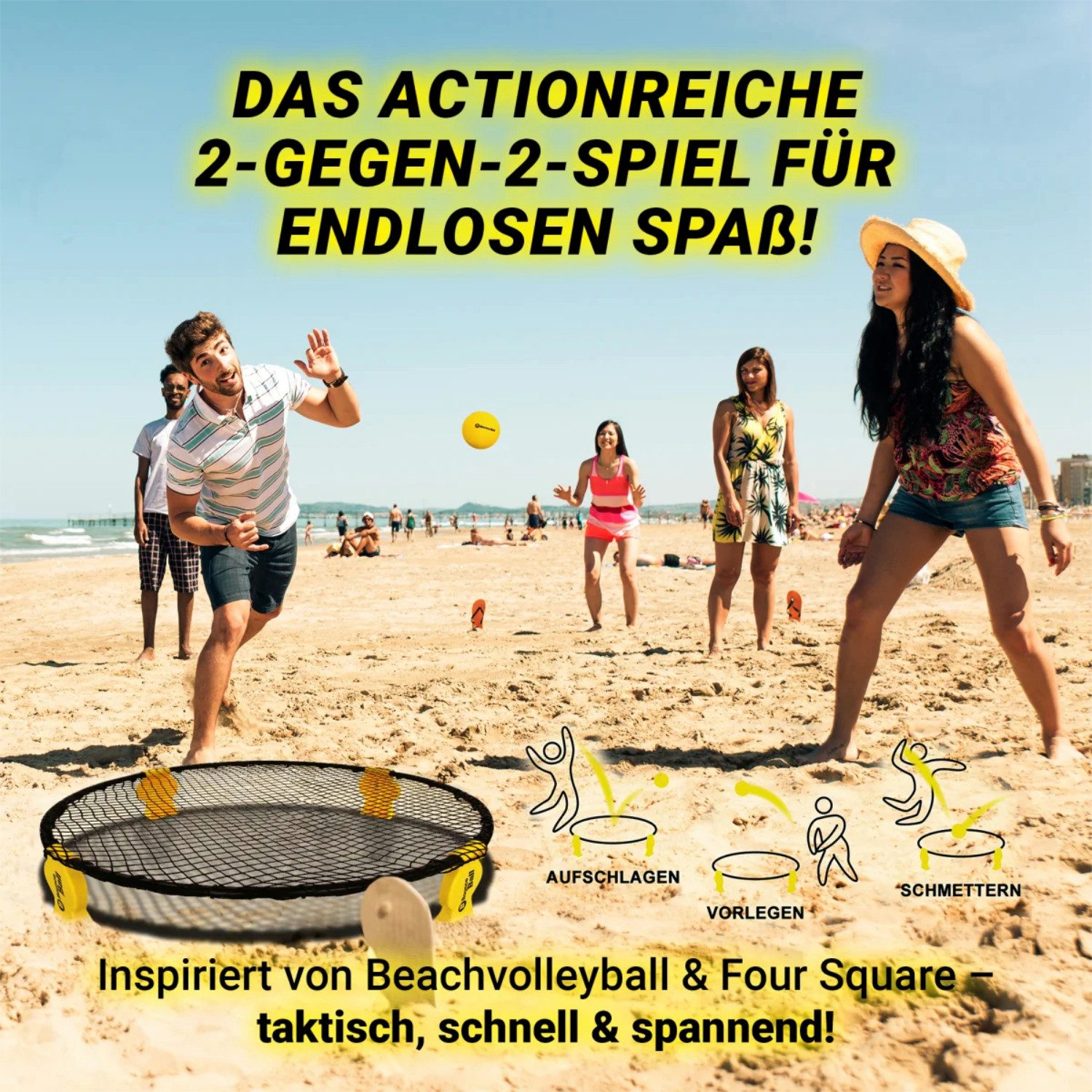 L.A. Sports Beachball Bounce Ball Deluxe Set inkl. Bälle (3er-Pack Bälle), mit faltbarem Rundnetz, Pumpe und Tragetasche