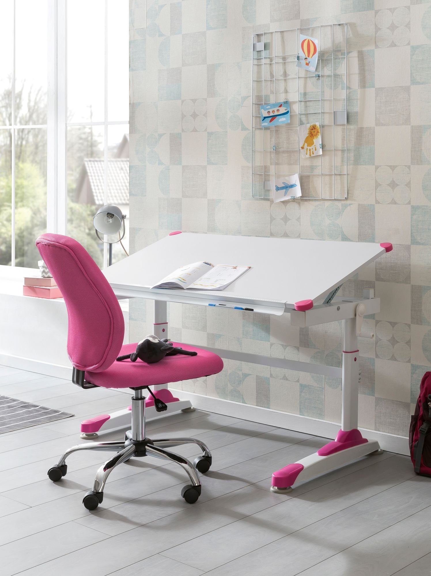 x Schreibtisch (Kinderschreibtisch 67 WL5.759 cm Pink Neigbarer Maltisch), Kindertisch 119 Schülerschreibtisch, Wohnling Weiß Modern