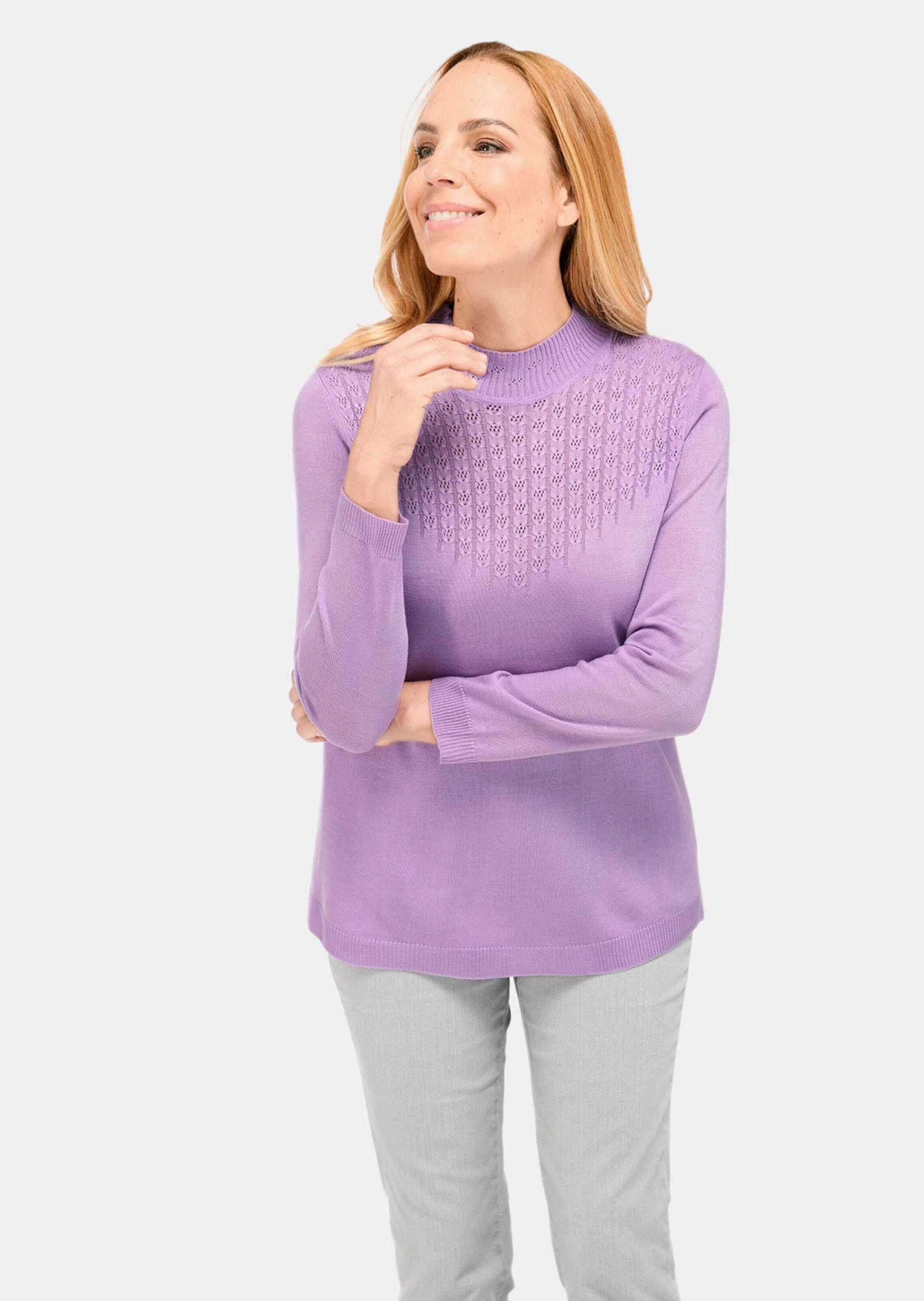 GOLDNER Strickpullover Eleganter Ajourpullover mit Stehbund Langarm Sweatshirt mit V-förmiger Ajourmusterung, Stehkragen gerippt