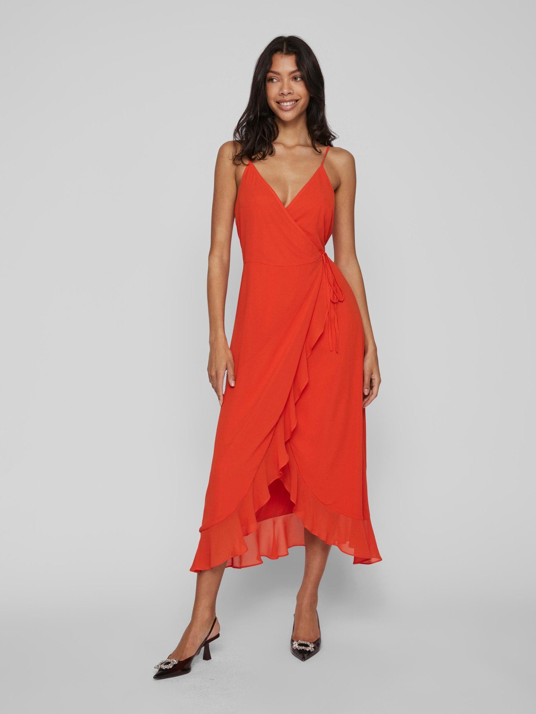 Vila Abendkleid Elegantes Wickelkleid mit Spaghettiträger Volant Rüschen Dress (lang) 6973 in Orange