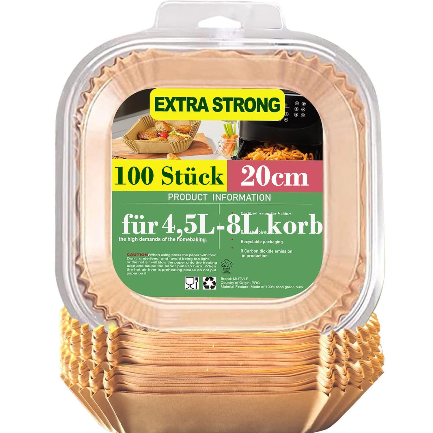 SURFOU Backpapier für Heißluftfritteuse 4,5L-8L,Air Fryer Backpapier 20 cm-100/200 Stück, Antihaft & ölfestes Backpapier – Ø20 cm, Höhe 4,5 cm, Quadratisch