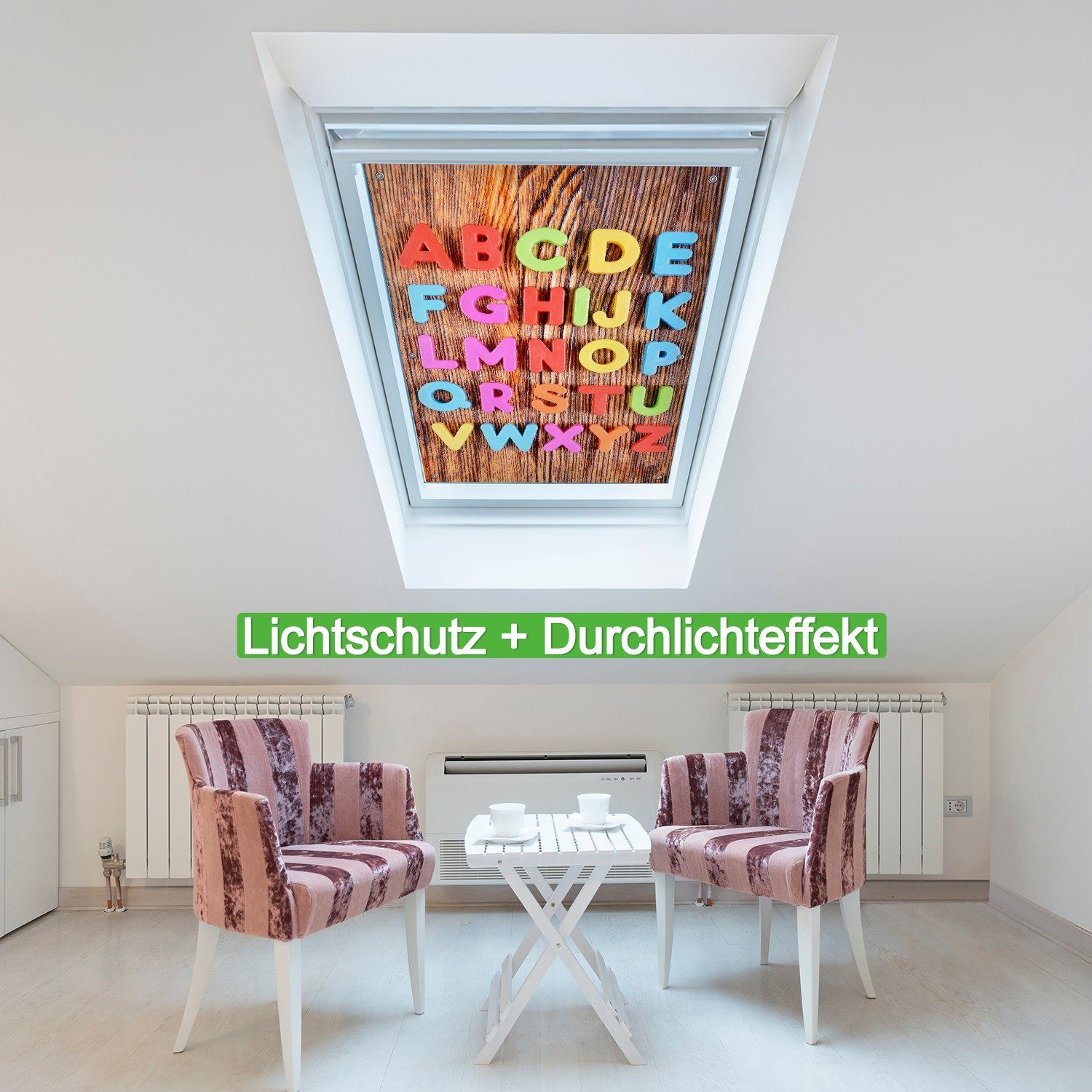 Sonnenschutz Bunte Buchstaben - blickdicht, Saugnäpfen, wiederablösbar mit Alphabet auf Holz, wiederverwendbar Wallario, und