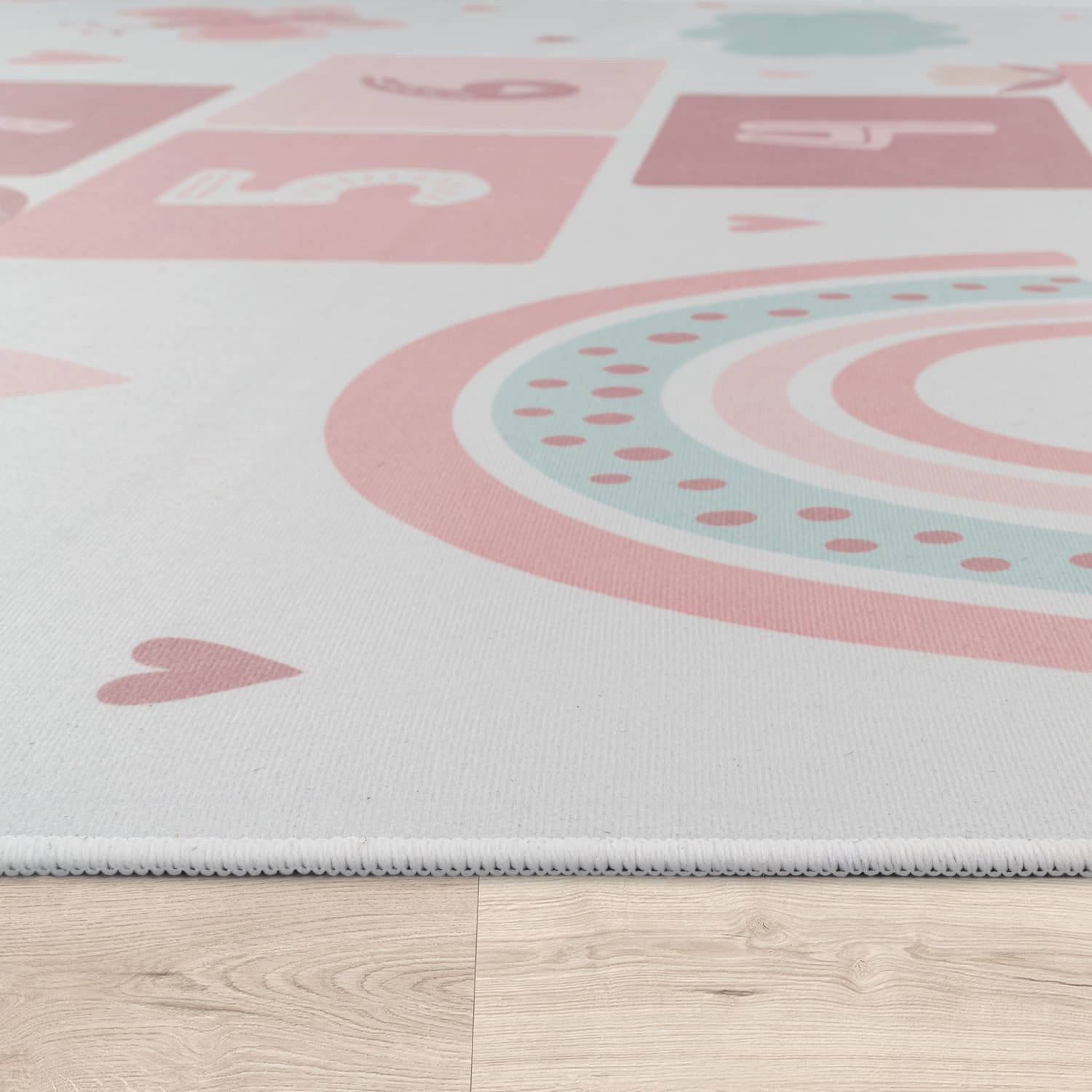 KADIMA DESIGN Kinderteppich waschmaschinenwaschbar Prinzessinnen‑Hüpfkästchen‑Muster Kinderteppich, Quadrat, Höhe: 4 mm, 100% Polyester, Rücken aus Felt + Dots, Quadrat, 200Scm, Creme
