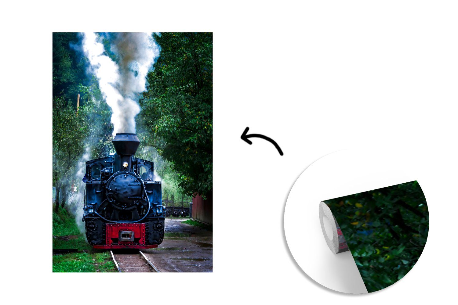 Tapete (3 Wandtapete Vinyl Eine Matt, St), grünen in Fototapete Wohnzimmer, Wäldern, den Montagefertig MuchoWow Dampflokomotive bedruckt, für
