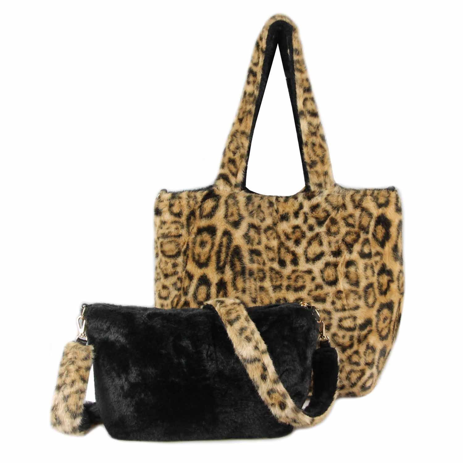 ITALYSHOP24 Schultertasche XXL Damen Leopard Print Tasche Tote Bag PELZTASCHE Shopper Crossbody, Leo Umhängetasche Teddytasche Plüsch Felltasche Weekender Kunstpelz