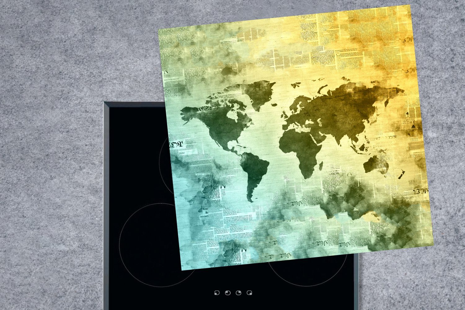 Ceranfeldabdeckung, (1 MuchoWow Wasserfarben, für Vinyl, 78x78 - Arbeitsplatte küche tlg), cm, Herdblende-/Abdeckplatte Weltkarte