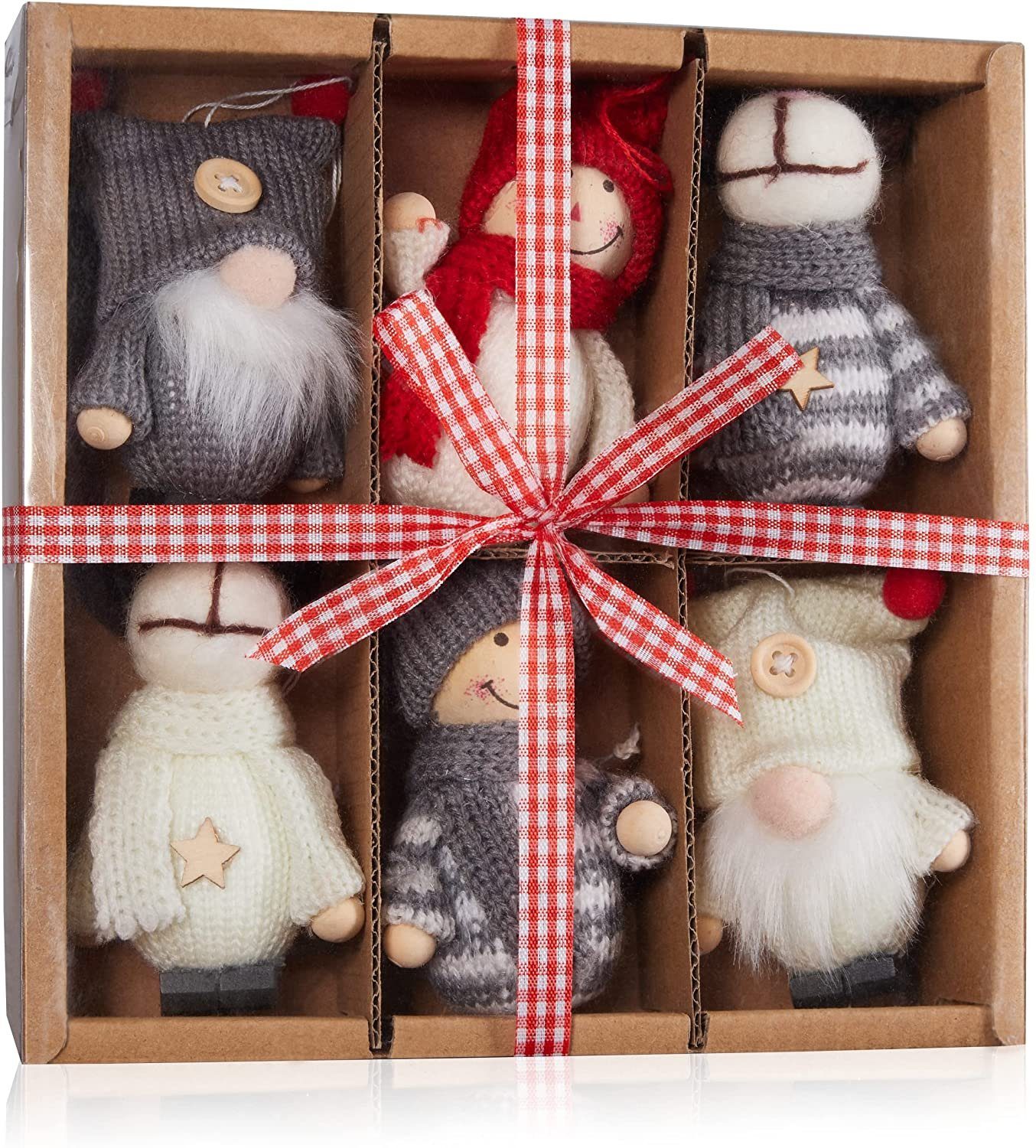 Weihnachtsanhänger Rentiere Winterkinder - Strick und Baumanhänger Christbaumschmuck BRUBAKER aus Geschenkbox in - Baumschmuck cm Wichtel (6-tlg), Große Weihnachtszwerge Weihnachtswichtel Holz 9-10