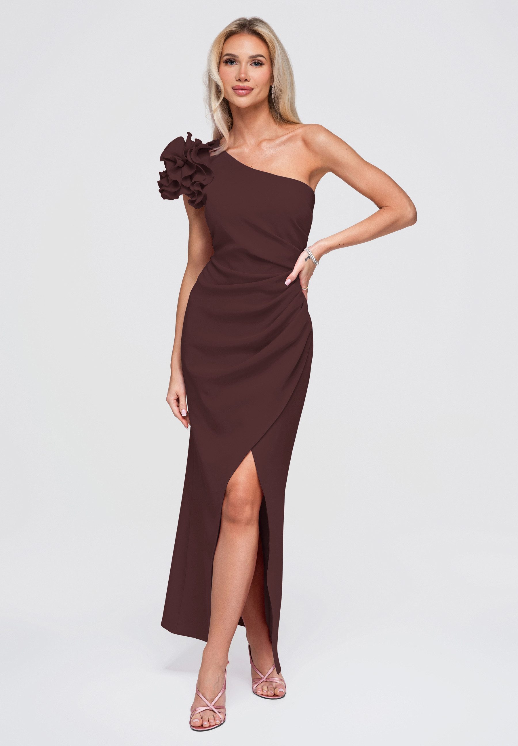 OMBRE Abendkleid Abendkleid mit asymmetrischem Schnitt und Rüschen Braun S (kein Set, 1-tlg) in Unifarbe