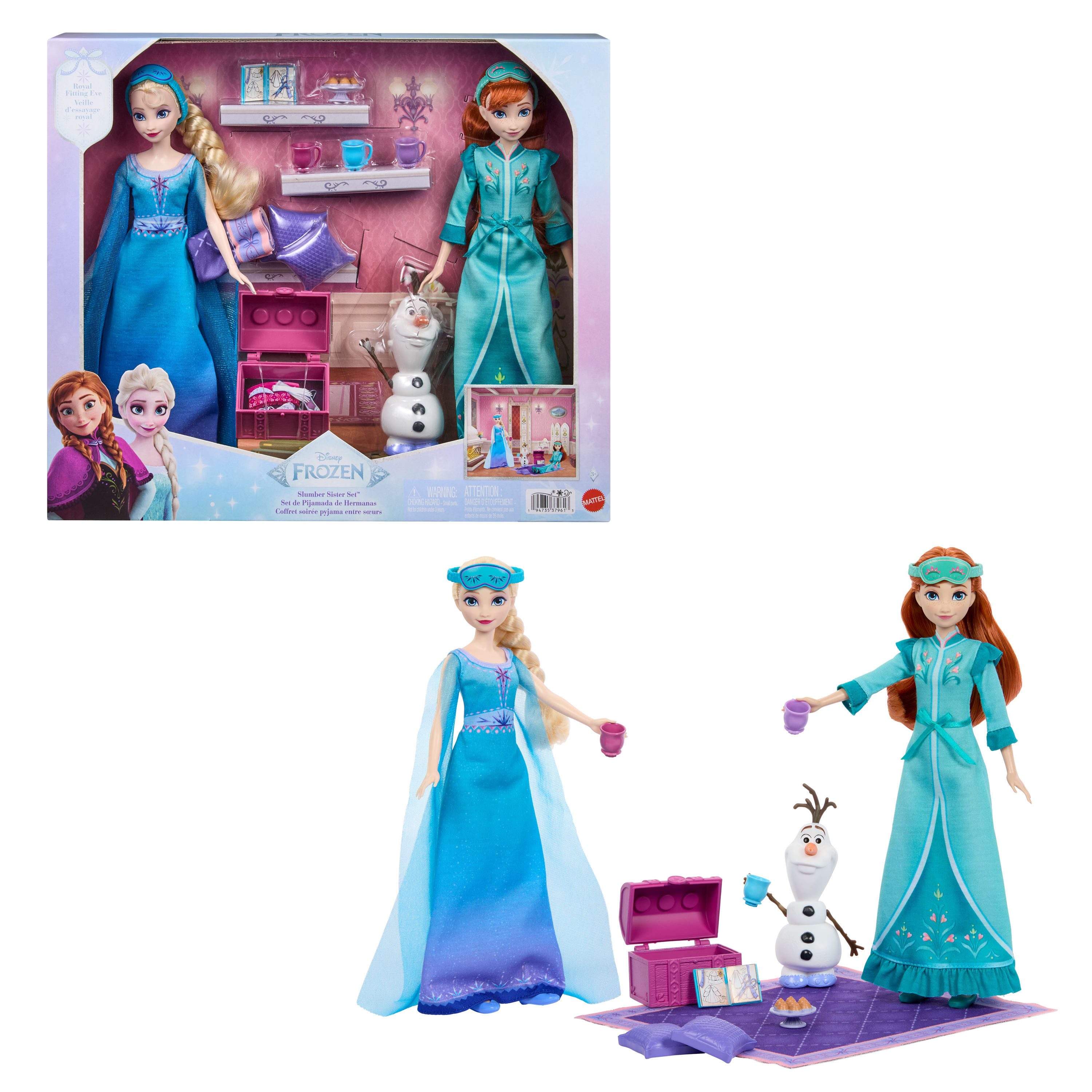 Mattel® Anziehpuppe Disney Die Eiskönigin Schwestern-Pyjamaparty Set mit Anna- und Elsa, Modepuppen, Olaf-Figur und 14 Zubehörteilen