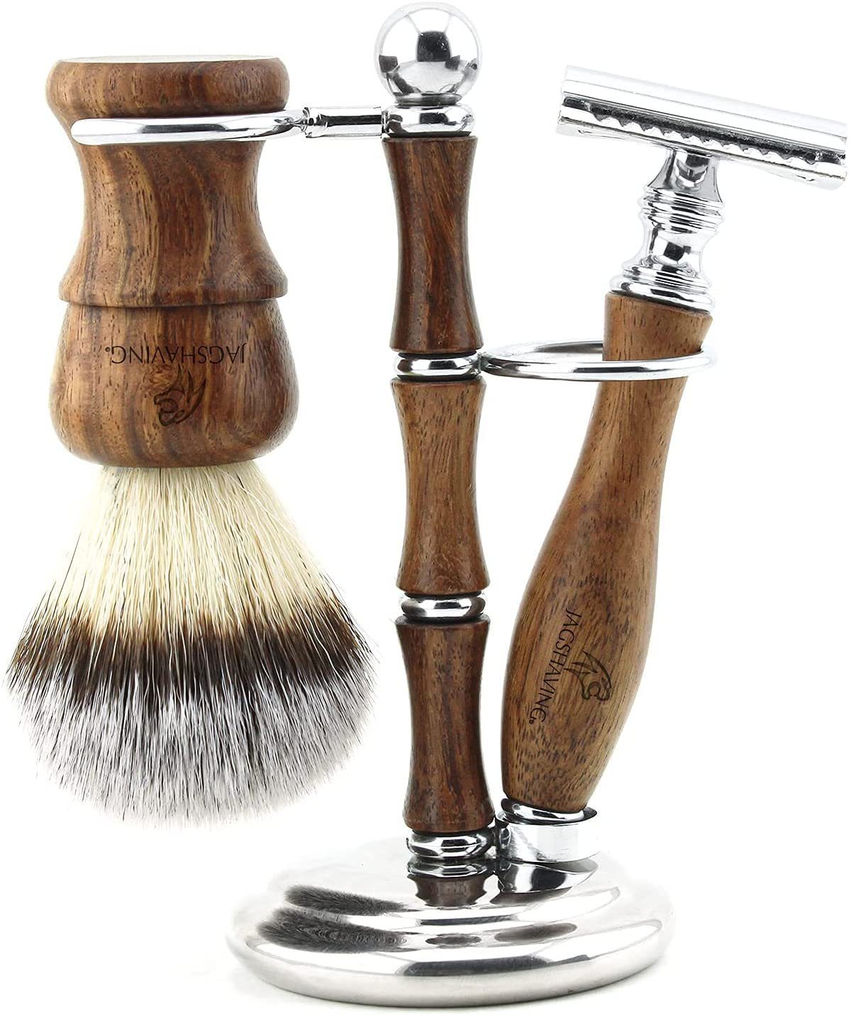 JAG SHAVING Rasierset hochwertiges 3-teiliges Rasierset aus Holz im edlen Premium-Design, zweischneidiger Holzrasierer, syntaktischer Rasierpinsel, Doppelstände, Perfekt für den regelmäßigen Gebrauch