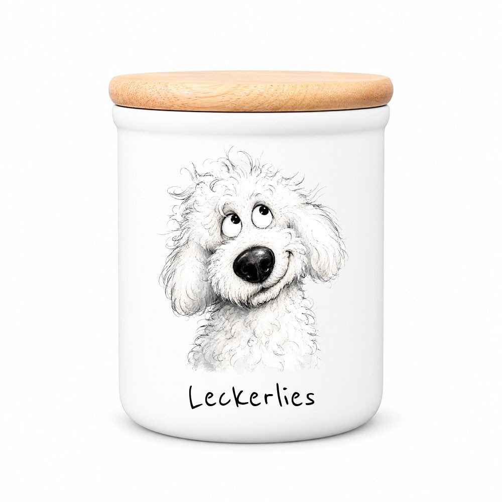 Cadouri Vorratsdose BICHON FRISÉ - Leckerlidose Hund - für Hundekekse, Keramik, (Leckerlidose mit Hunderasse, 2-tlg., 1x Keramikdose mit Holzdeckel), Hundekeksdose, handgefertigt in Deutschland, für Hundebesitzer, 400 ml