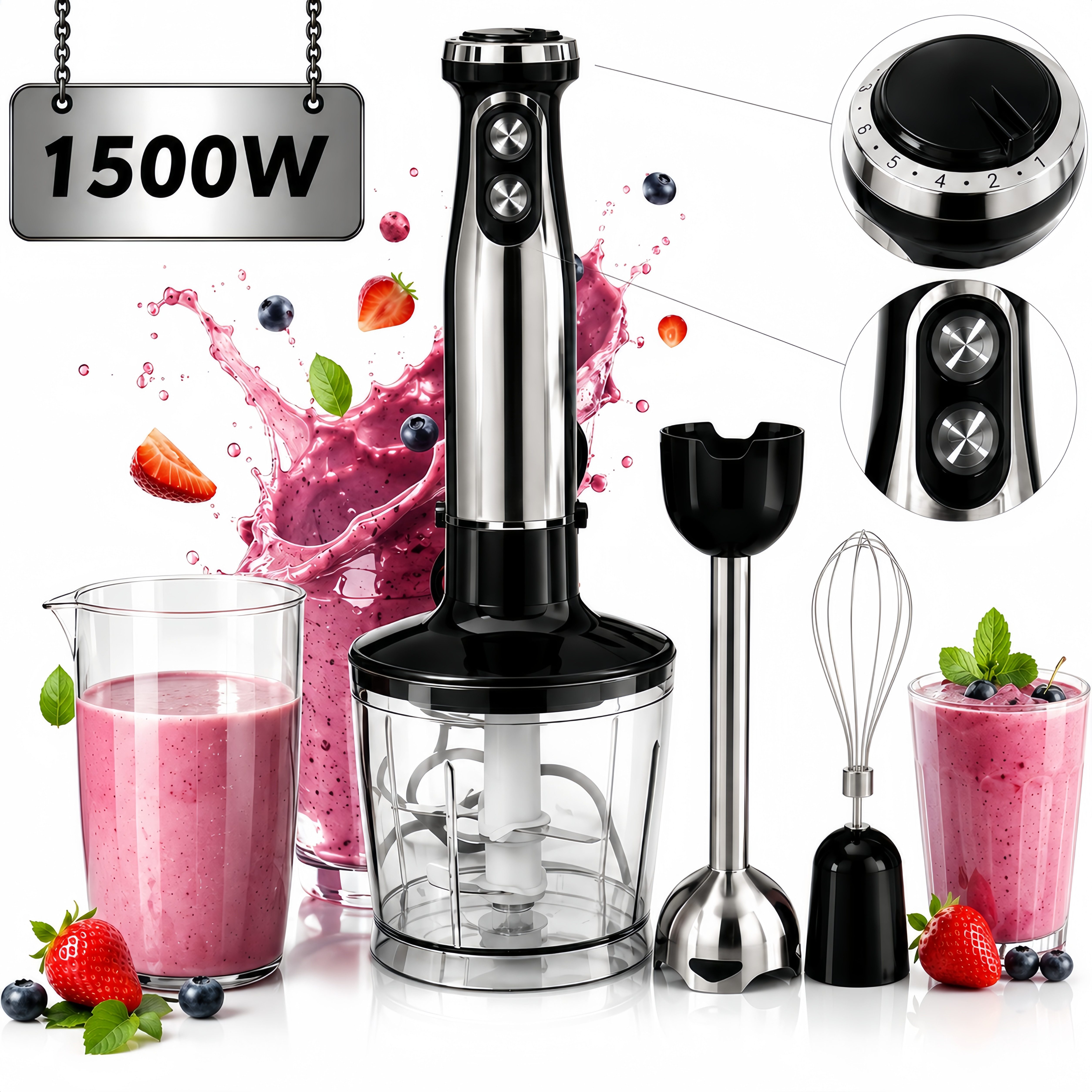 ibettertec Stabmixer 5-in-1 mixer Set,Edelstahl Pürierstab mit stufenloser Geschwindigkeit, 1500 W, Zerkleinerer, Schneebesen, Milchaufschäumer und Messbecher