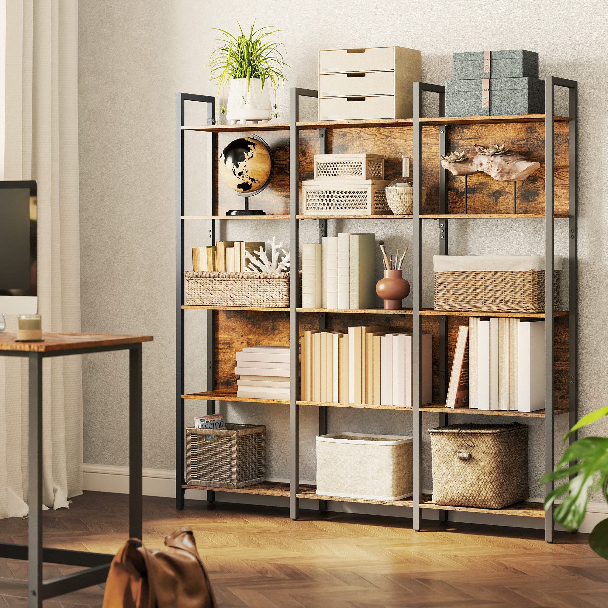 VASAGLE Bücherregal Küchenregal, Standregal, Flur, Küche, Büro, stabiles Stahlgestell, mit 5 offenen Regalebenen, Industrie-Design, 128 x 154.1 x 24 cm