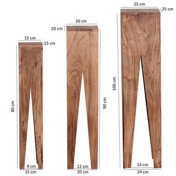 Lomadox Beistelltisch, braun, Akazie Massivholz, Landhausstil, Säulen, 3er Set, 25/100/25 cm