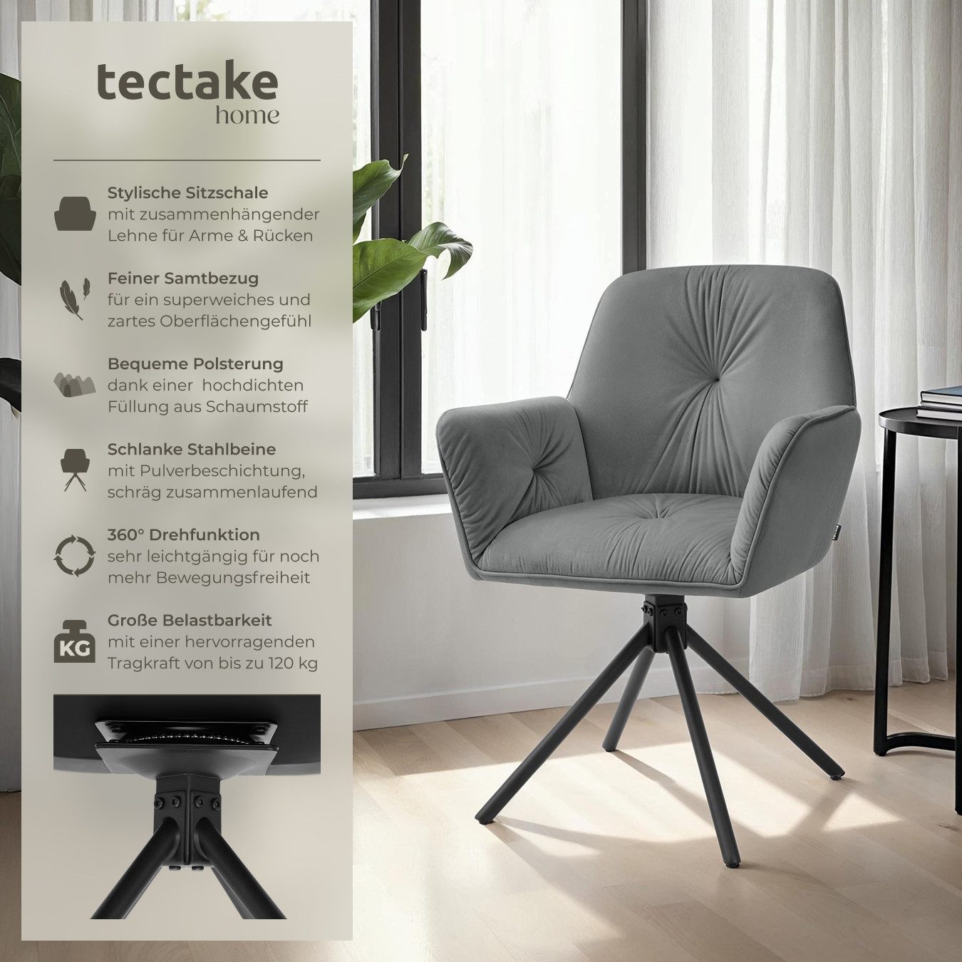 tectake Esszimmerstuhl Drehbarer Armlehnstuhl Daya, in Samtoptik, gepolster günstig online kaufen