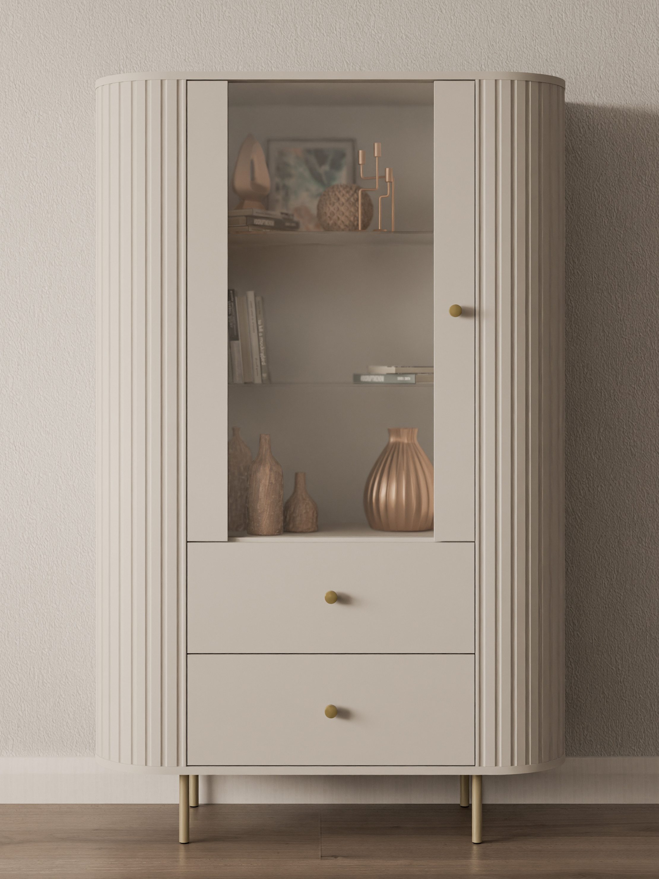 Compleo Standvitrine mit 2 Schubladen und Türen ZANTO Elegant design TOPSELLER Eiche cremona oder Beige