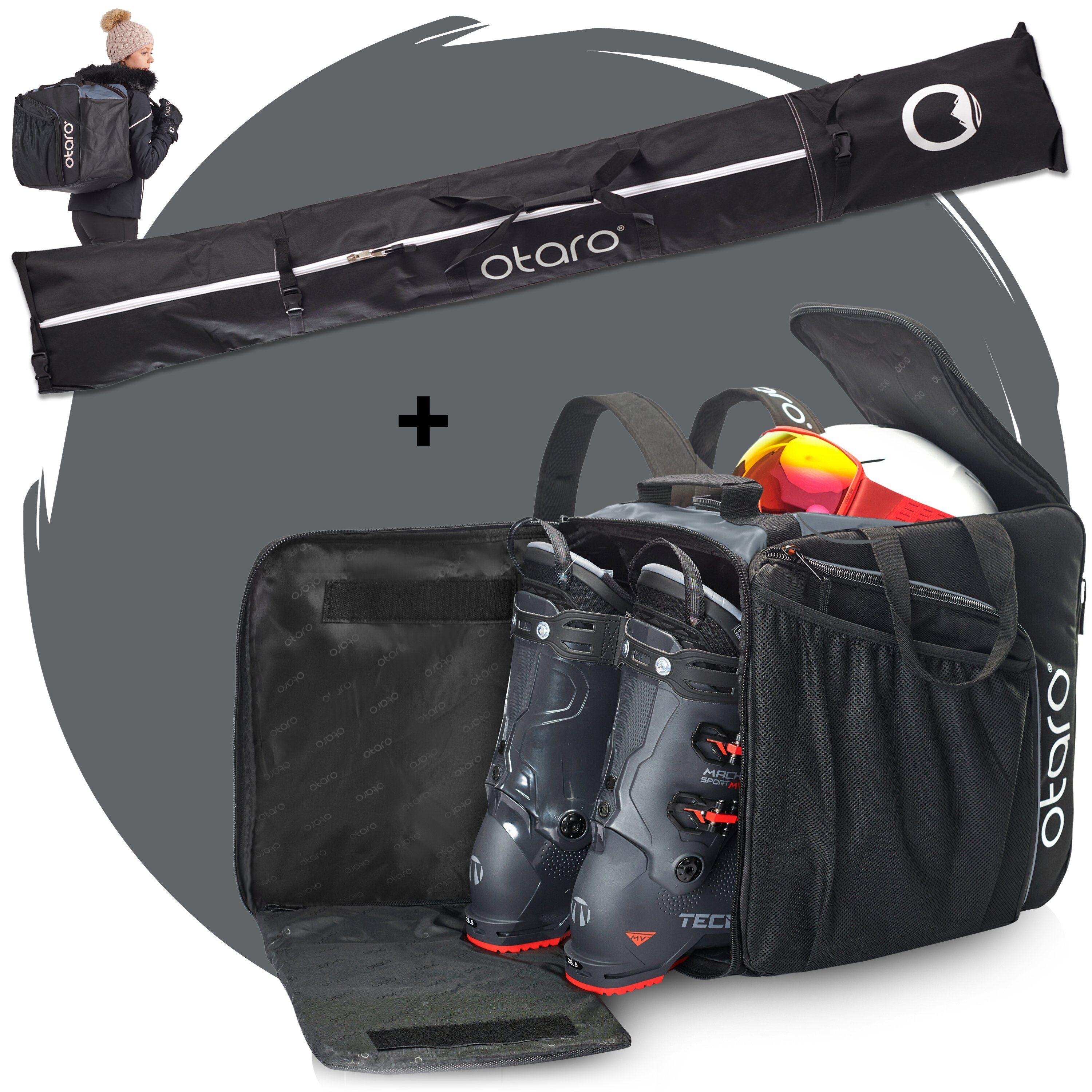 Otaro Sporttasche Set: Skischuhtasche & Skitasche, Pro-Set für 1 Paar Ski (Schutz für deine Ausrüstung, Perfekt durchdacht, ausklappbare Standfläche, für 1 Paar Ski + Stöcke) Schwarz Felsgrau