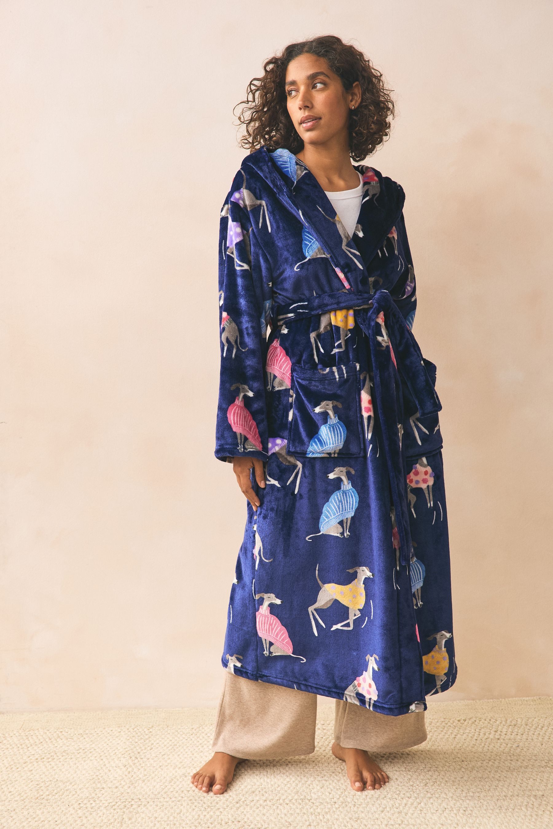 Next Damenbademantel Morgenmantel mit Whippet-Motivprint, Polyester (recycelt)