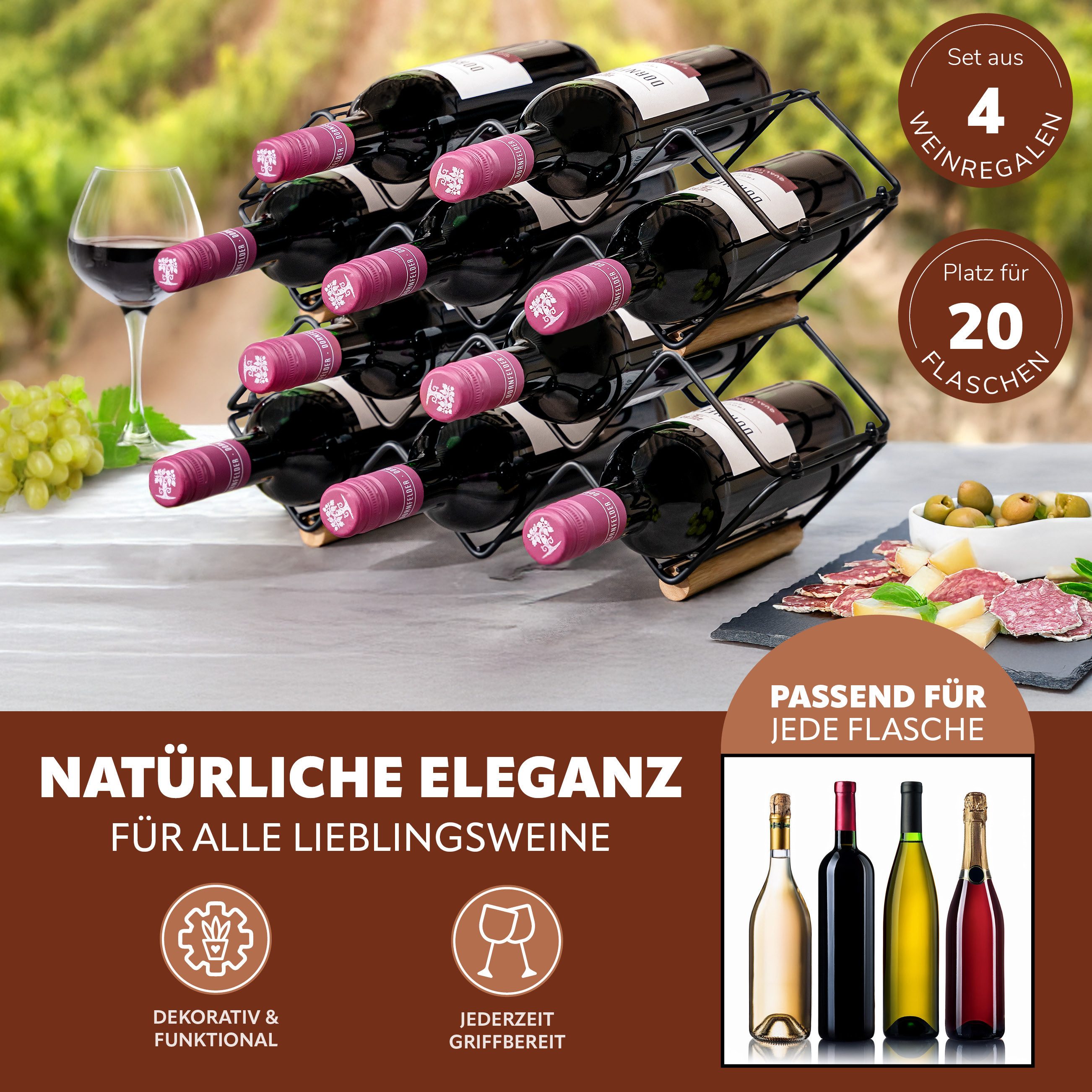 eluno Weinregal Weinregal im 4er-Set für 5 Flaschen, aus Metall und Bambus, günstig online kaufen