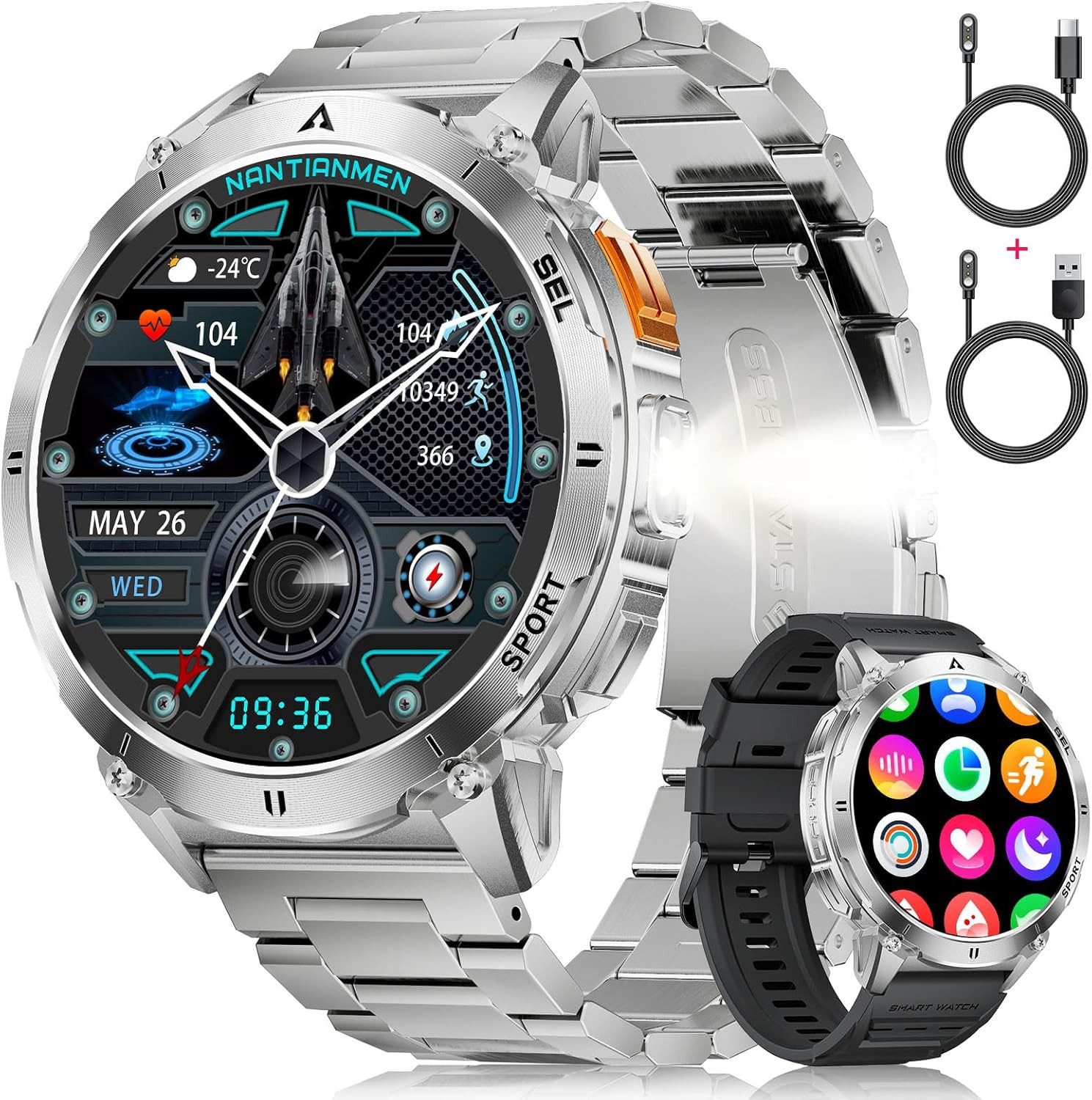 Lige EF14-C Smartwatch (4,1 cm, Android iOS), Herren Smartwatch EF14 mit AMOLED, 120 Sportmodi, IP68, LED Licht