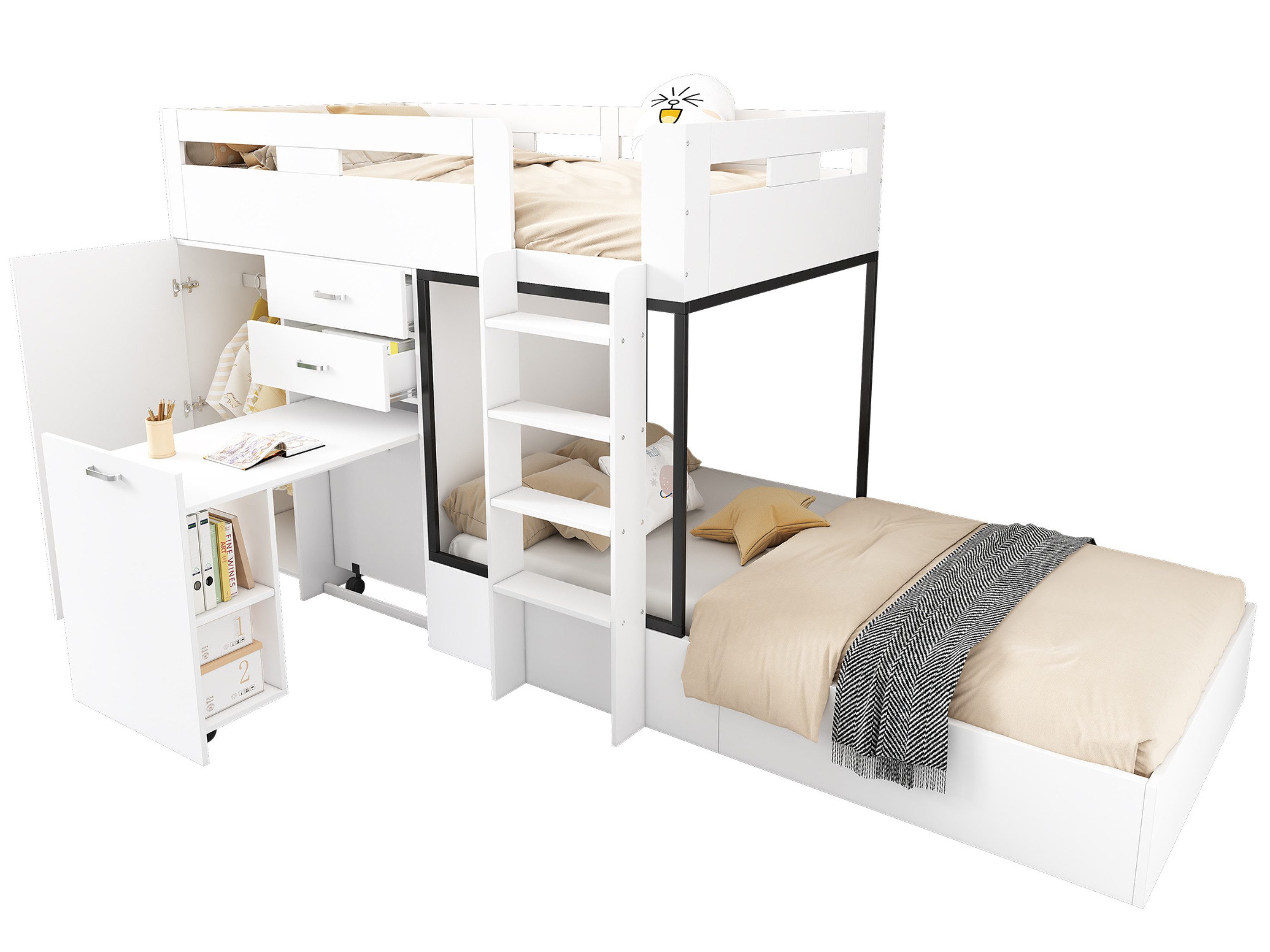 SeedWave Etagenbett Kinderbett mit versteckte Schubladen und Schreibtisch,Etagenbett, Kleiderschrank, Ladder, Geländer, 90 x 200 cm, Weiß