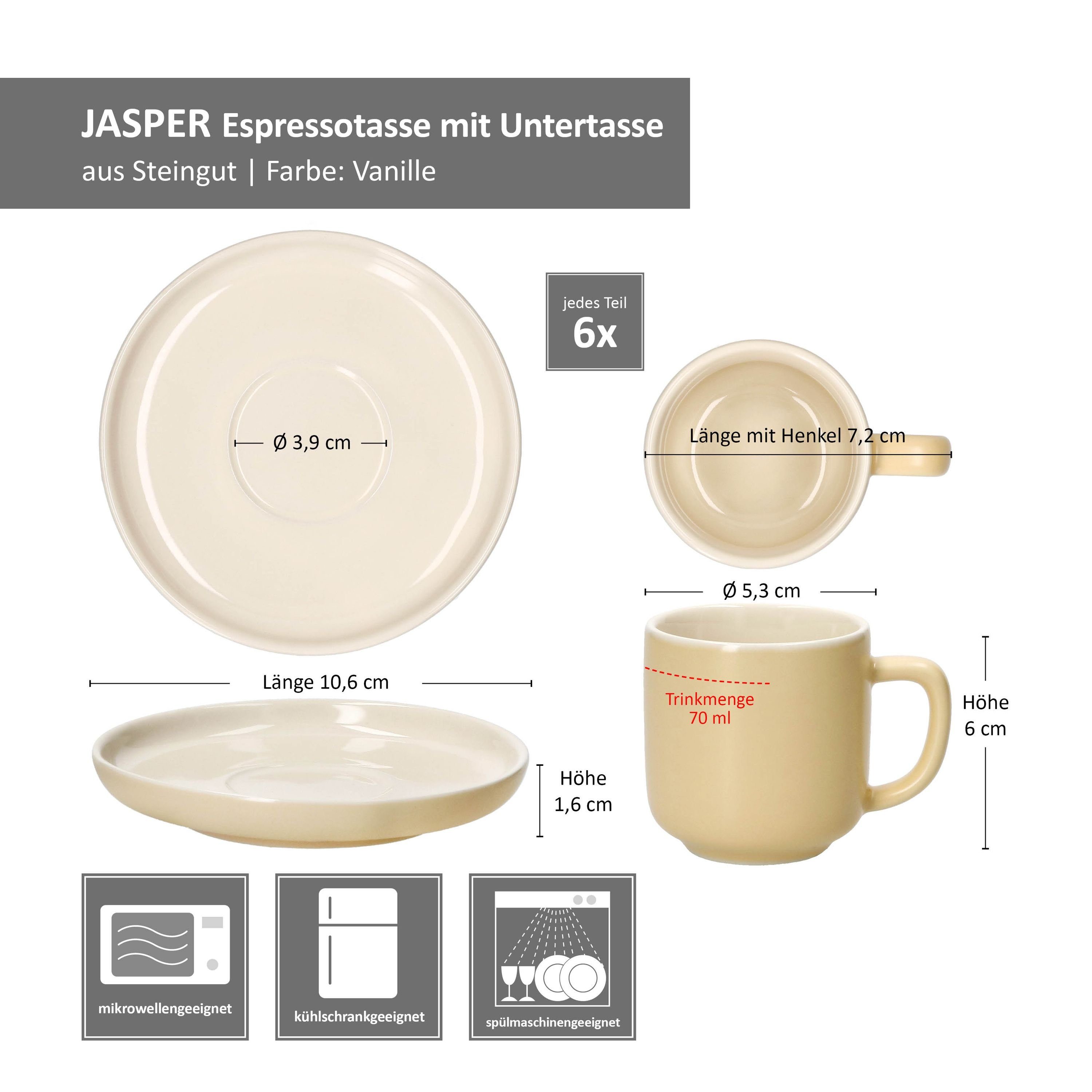 Steingut Breker Jasper Tasse Ritzenhoff Untertassen Espressotassen & Vanille, Set mit 6er Ritzenhoff