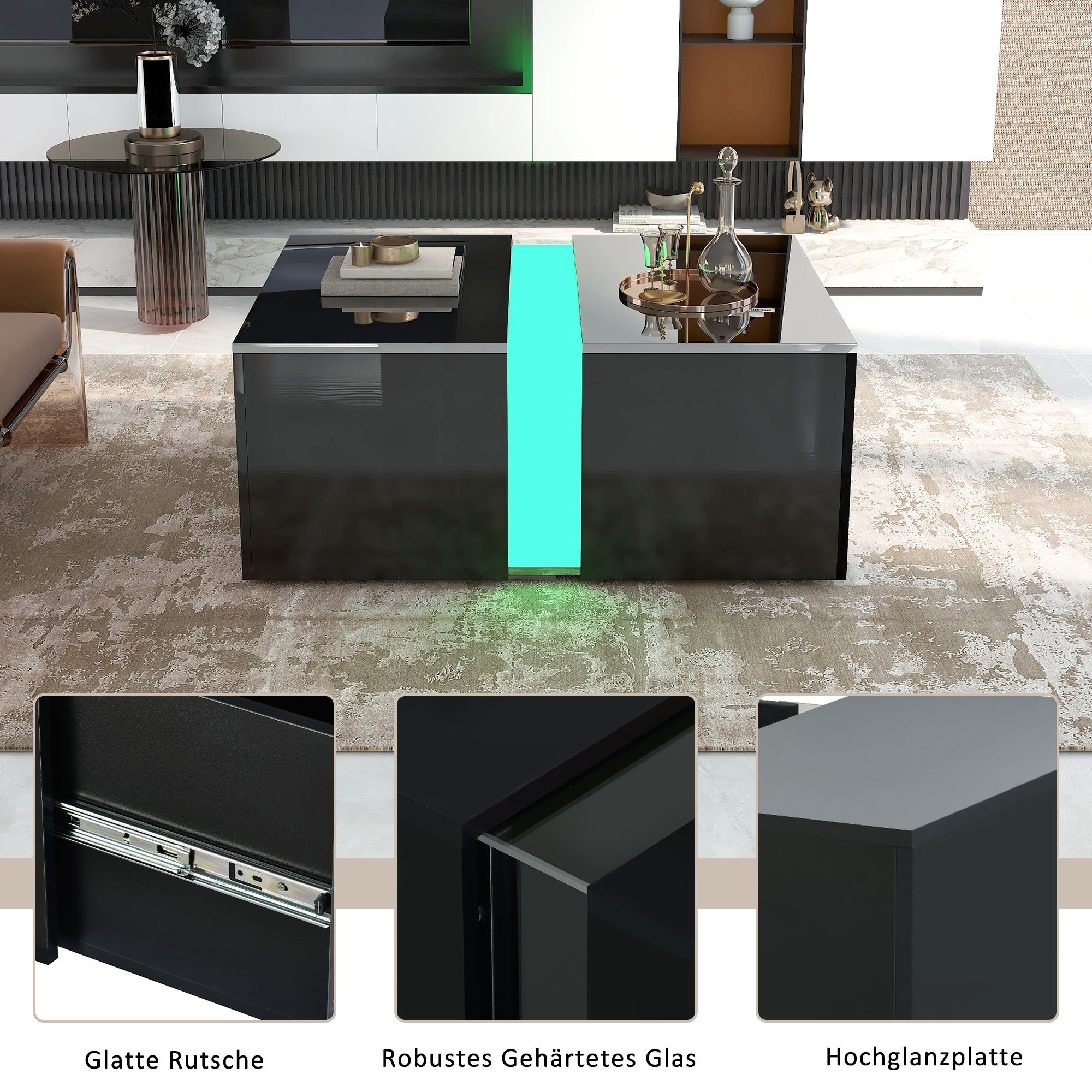 Couchtisch, hochglanz Sofatisch mit LED-Beleuchtung, Wohnzimmertisch mit ausziehbarer Tischplatte, Beistelltisch inkl. Fernbedienung