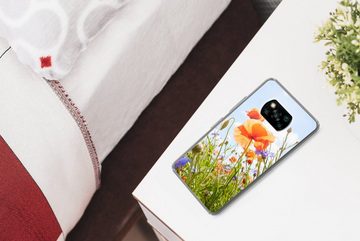 MuchoWow Handyhülle Blumen - Mohn - Frühling - Natur - Rot - Blau, Phone Case, Handyhülle Poco X3 Pro, Silikon, Schutzhülle